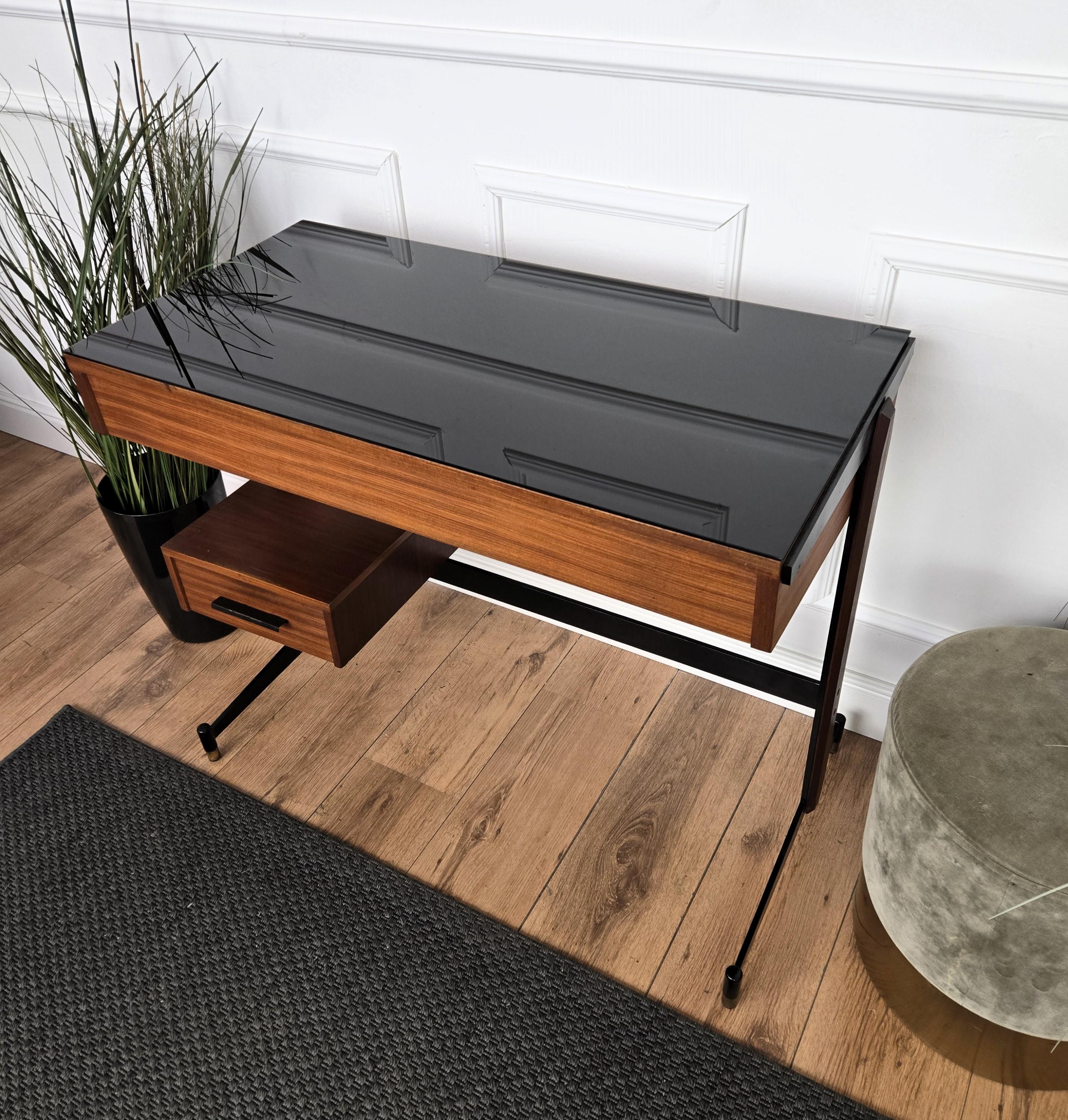 1940s Art Deco Mediados de Siglo Italiano Metal Madera Vidrio Escritorio Mesa Consola en venta 1