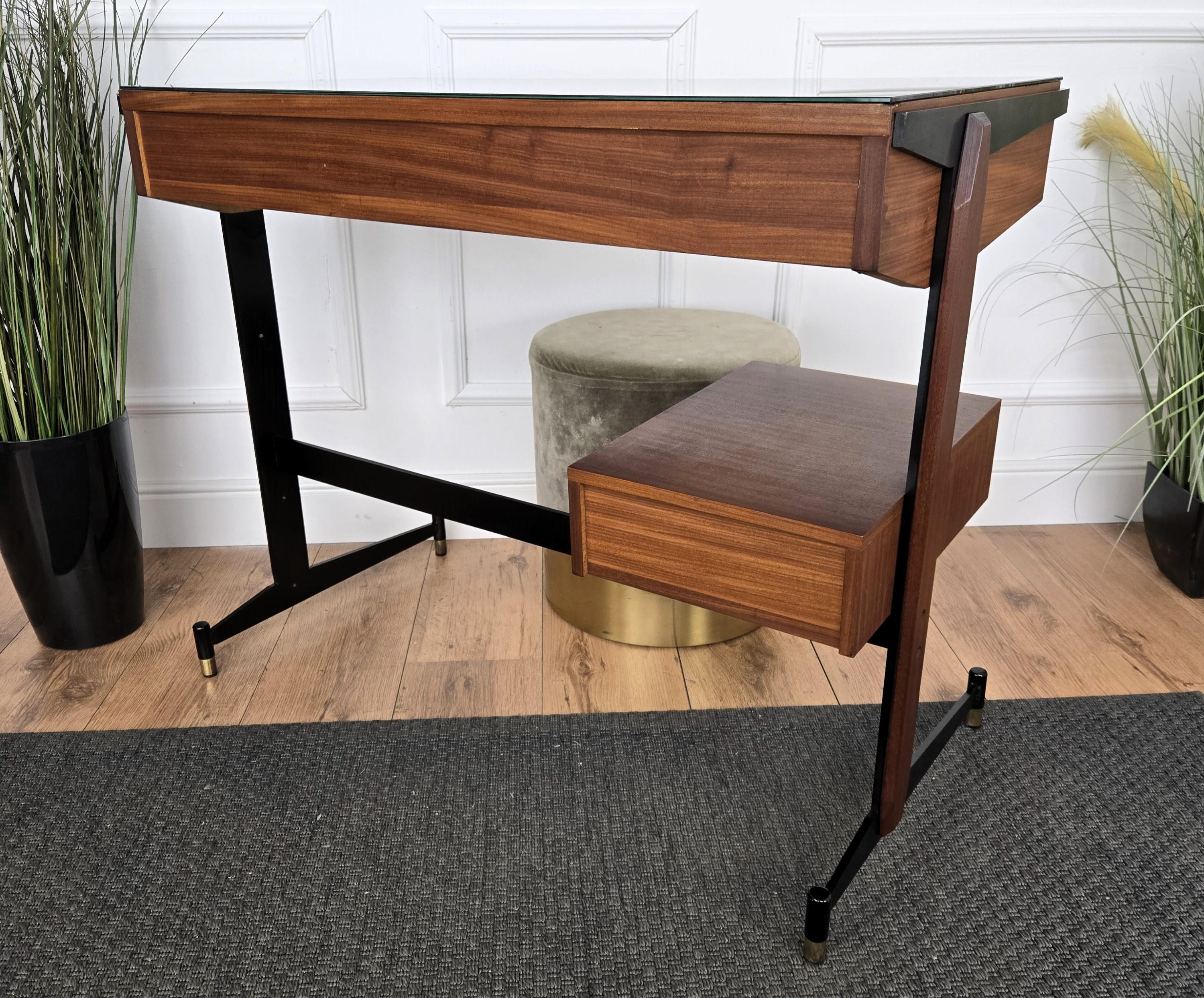 1940s Art Deco Mediados de Siglo Italiano Metal Madera Vidrio Escritorio Mesa Consola en venta 4
