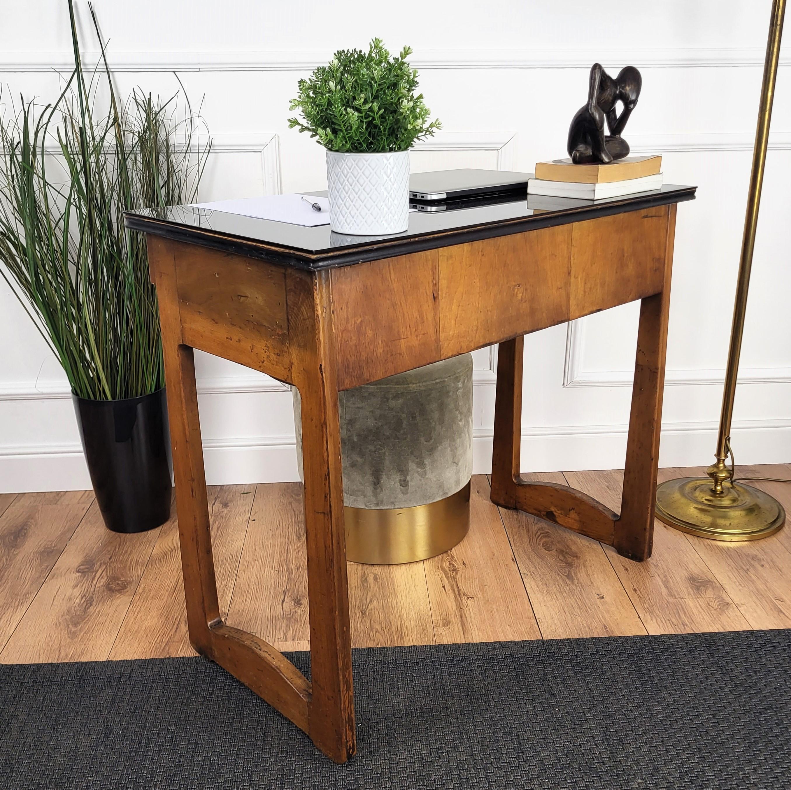 Glass 1940s Art Deco Mid-Century Italian Slat Carved Wood Writing Desk Console Table