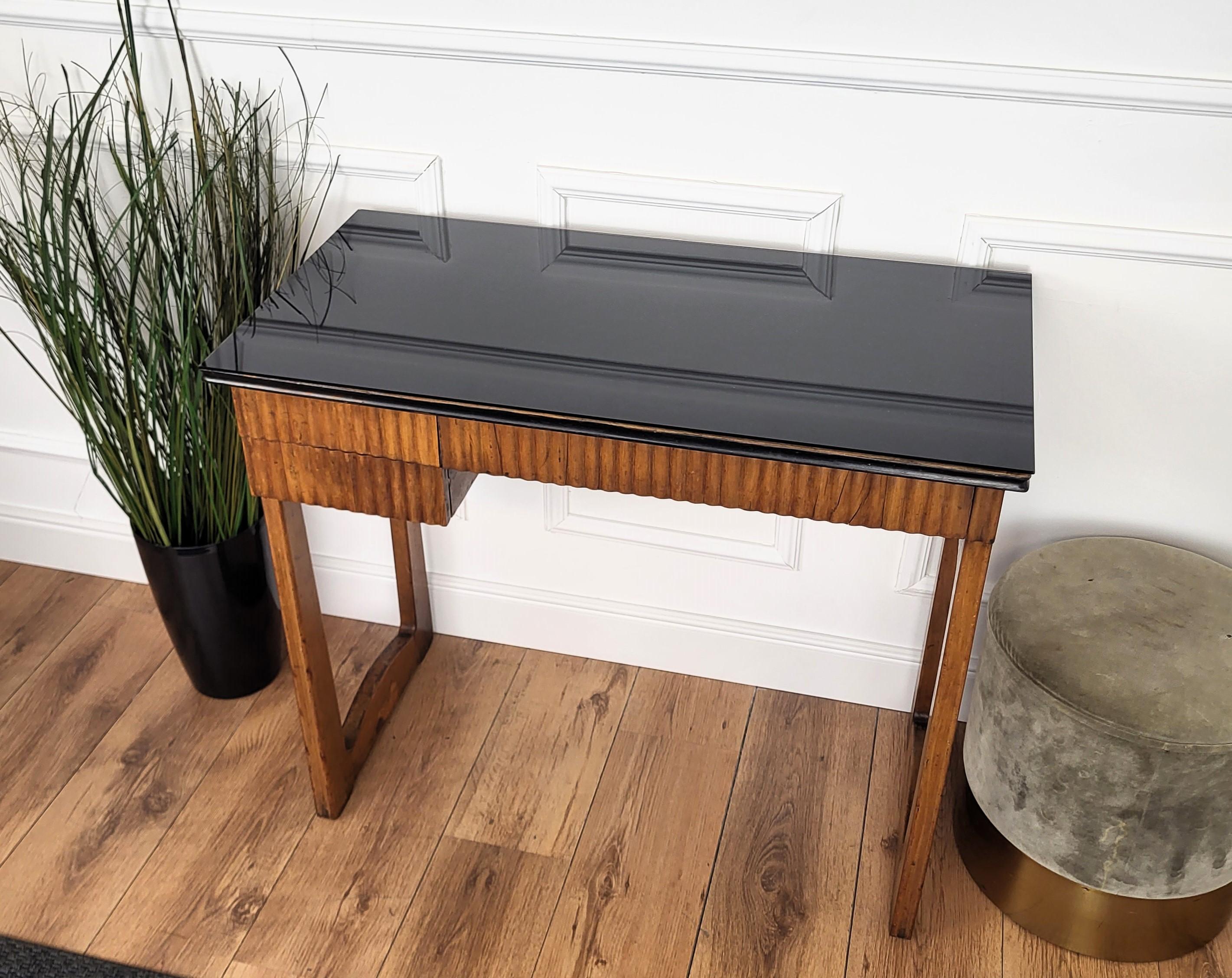 1940s Art Deco Mid-Century Italian Slat Carved Wood Writing Desk Console Table 1