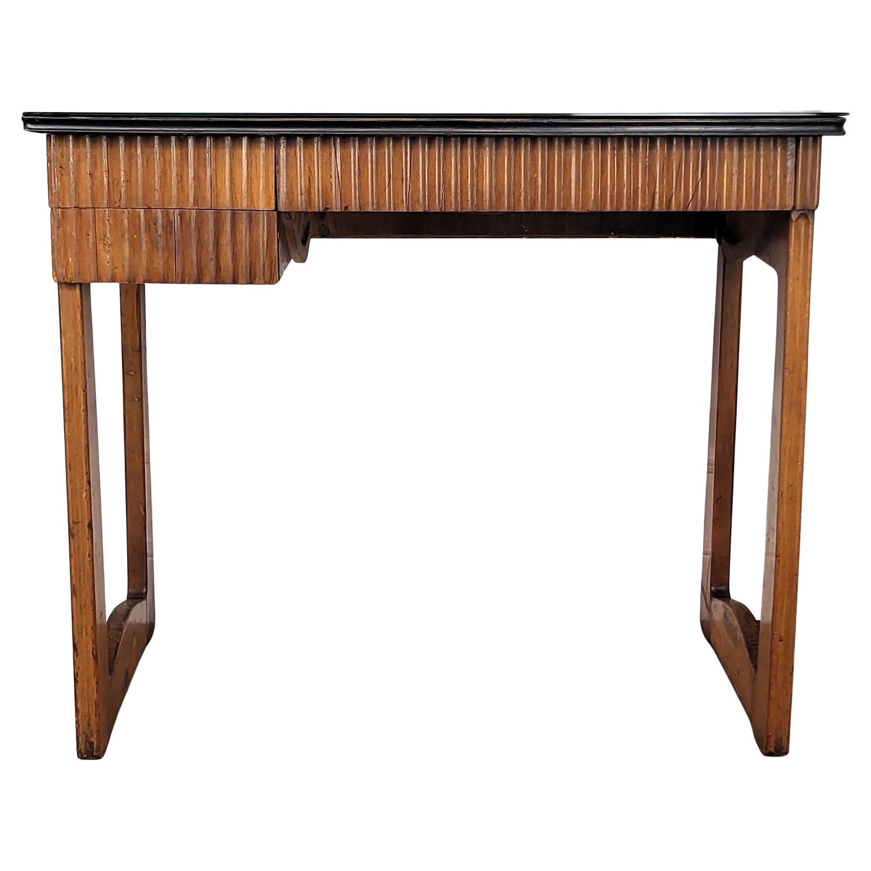 1940s Art Deco Mid-Century Italian Slat Carved Wood Writing Desk Console Table