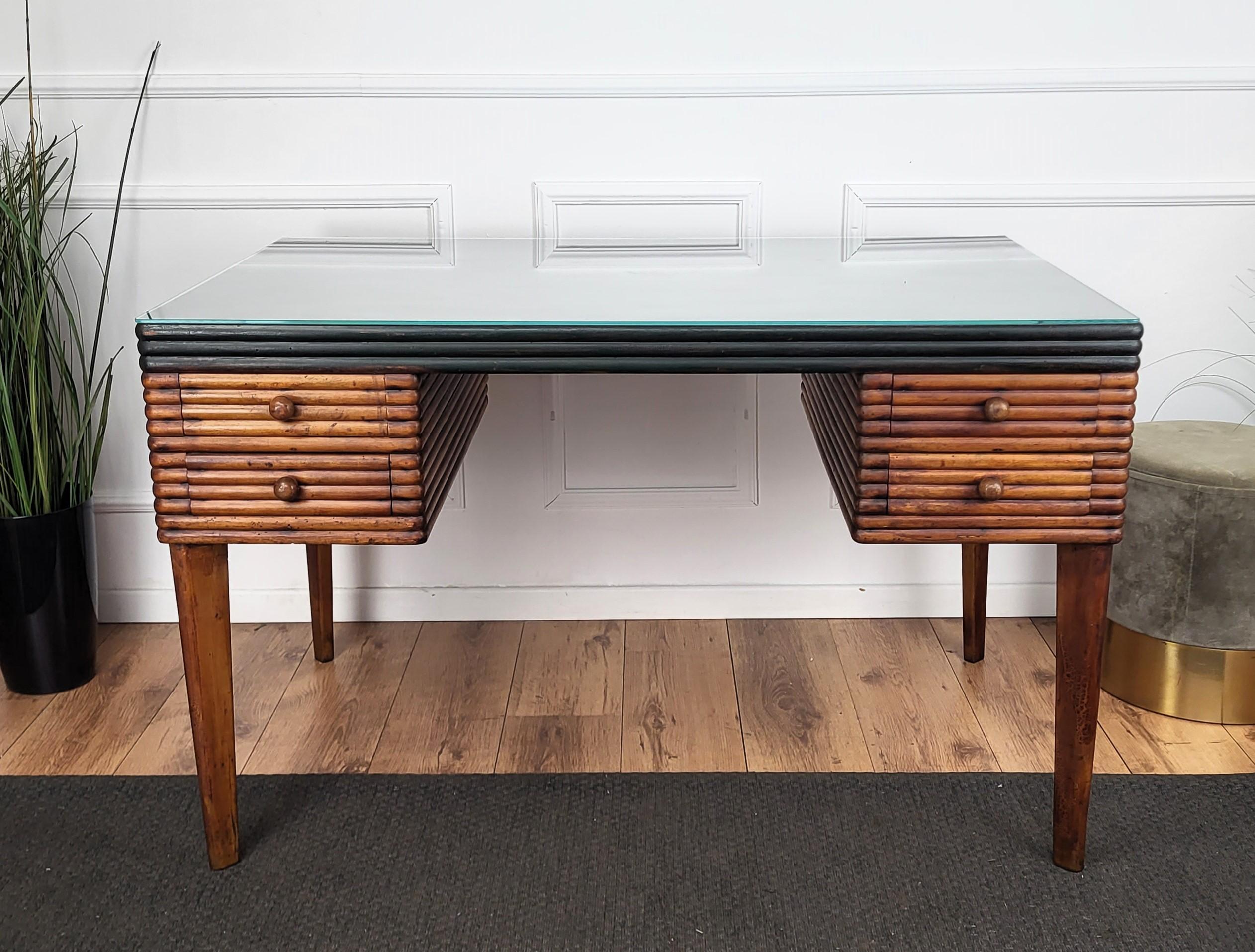 Glass 1940s Art Deco Mid-Century Italian Slat Carved Wood Writing Desk Table For Sale