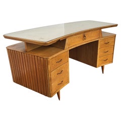 1940s Art Deco Mid-Century Italian Slat Walnut Wood and Brass Writing Desk Table