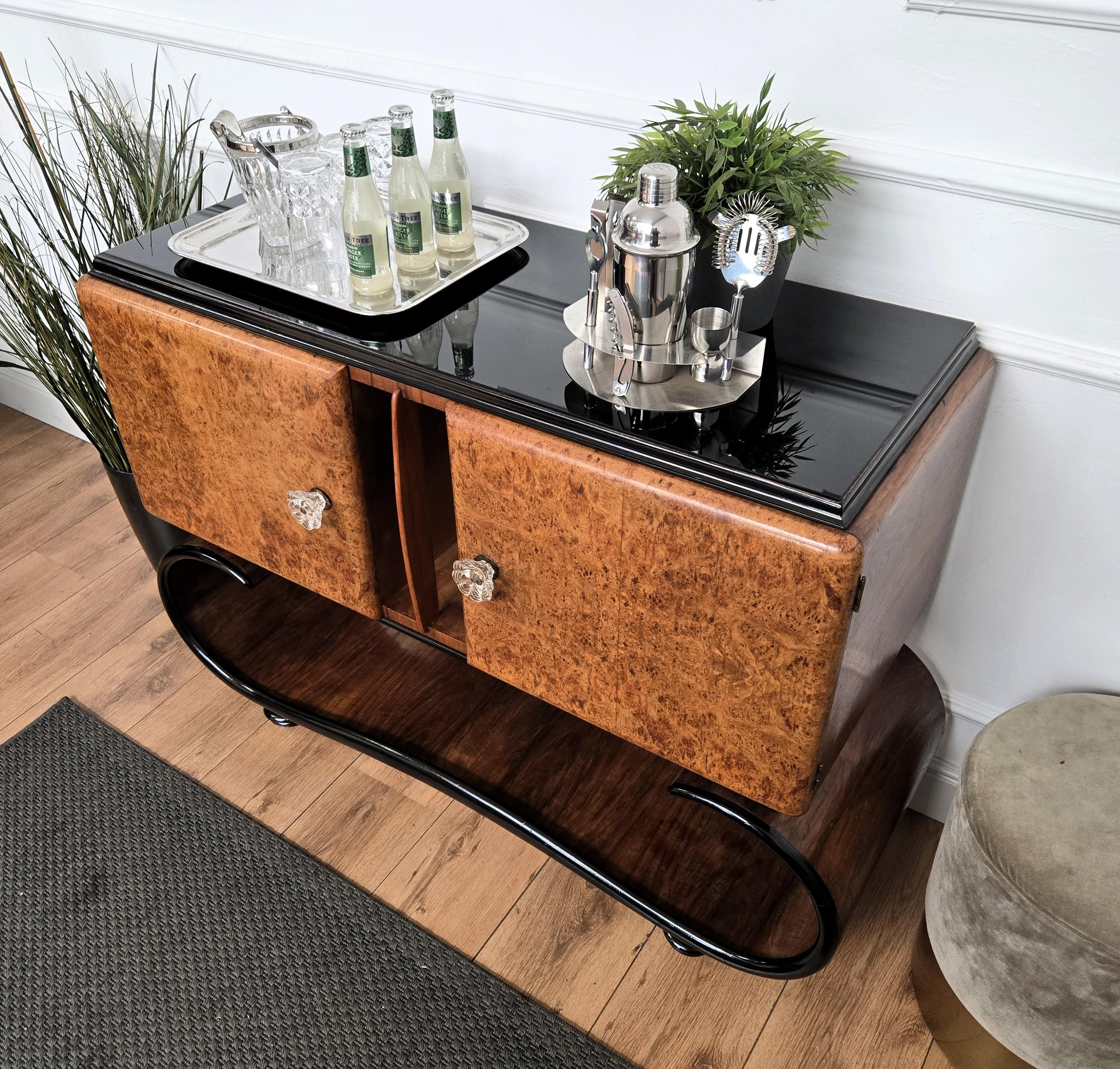 20th Century 1940s Art Deco Mid-Century Italian Walnut Burl and Mirror Mosaic Dry Bar Cabinet For Sale