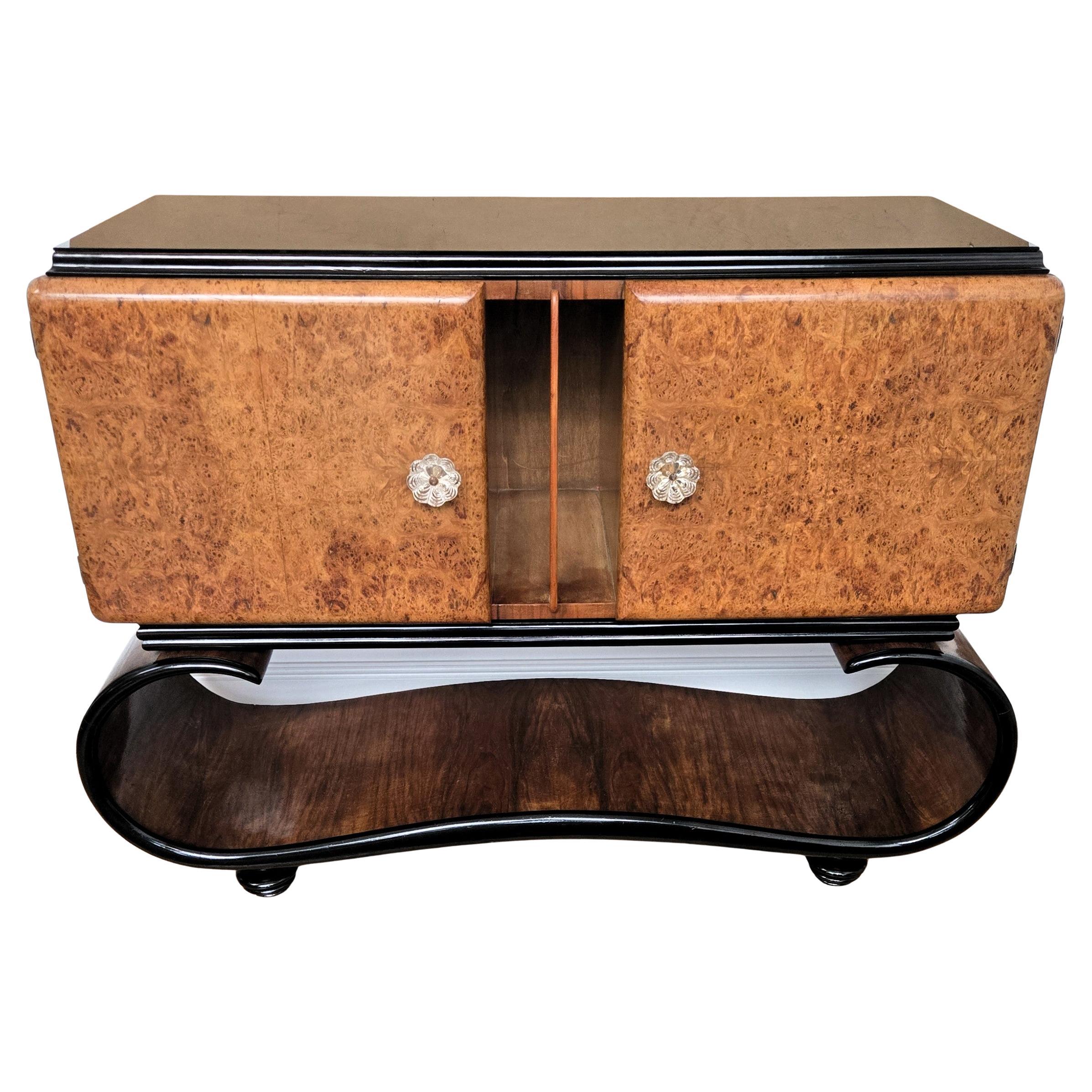 1940s Art Deco Mid-Century Italian Walnut Burl and Mirror Mosaic Dry Bar Cabinet For Sale