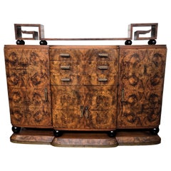 Credenza Buffet Art Deco del 1940, metà del secolo, in legno di noce e radica di ottone