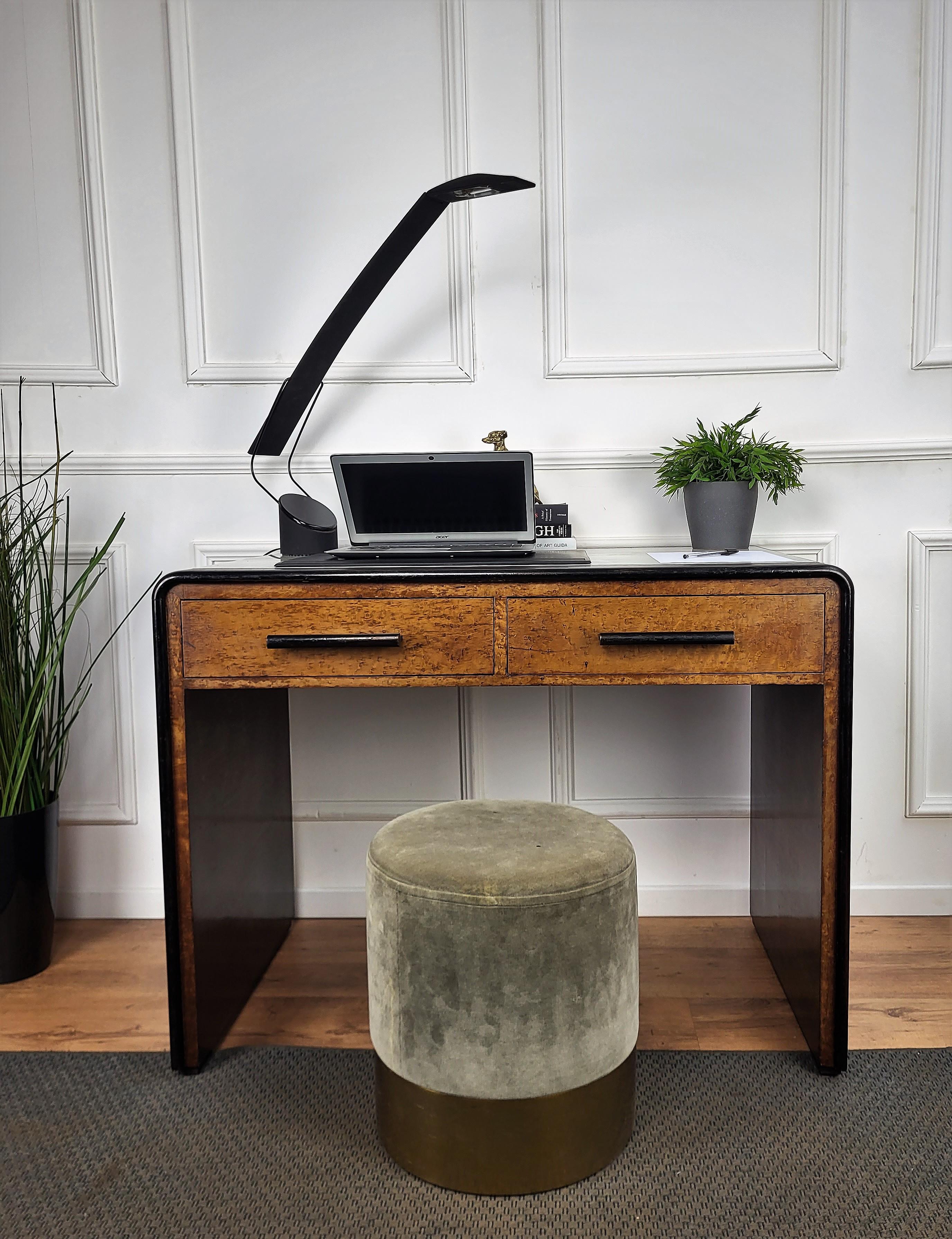Beautiful Italian Art Deco Mid-Century Modern desk writing table, in beautiful veneer burl wood, with elegant glass top, curved sides and two central drawers. The unique and typical design, with the clean geometric shape enrich the natural pattern