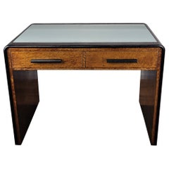 1940s, Art Deco Mid-Century Italian Walnut Burl Wood and Brass Writing Desk Table