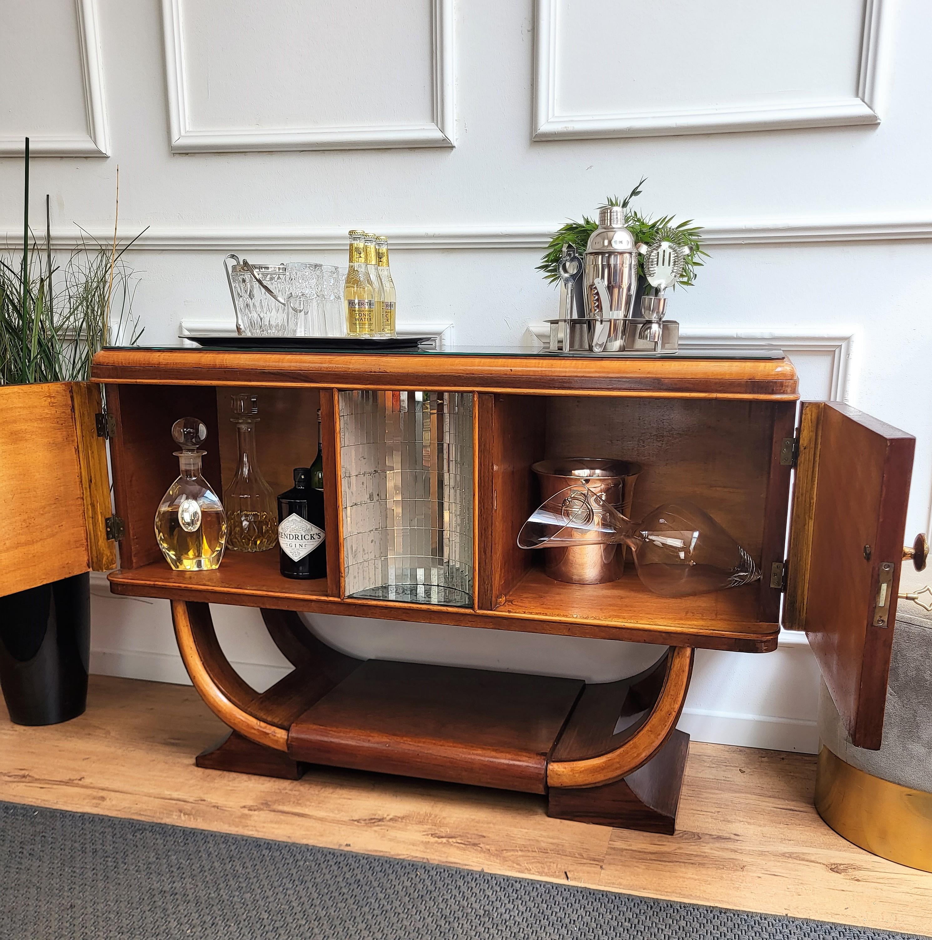 20th Century 1940s Art Deco Midcentury Italian Walnut Burl and Mirror Mosaic Dry Bar Cabinet