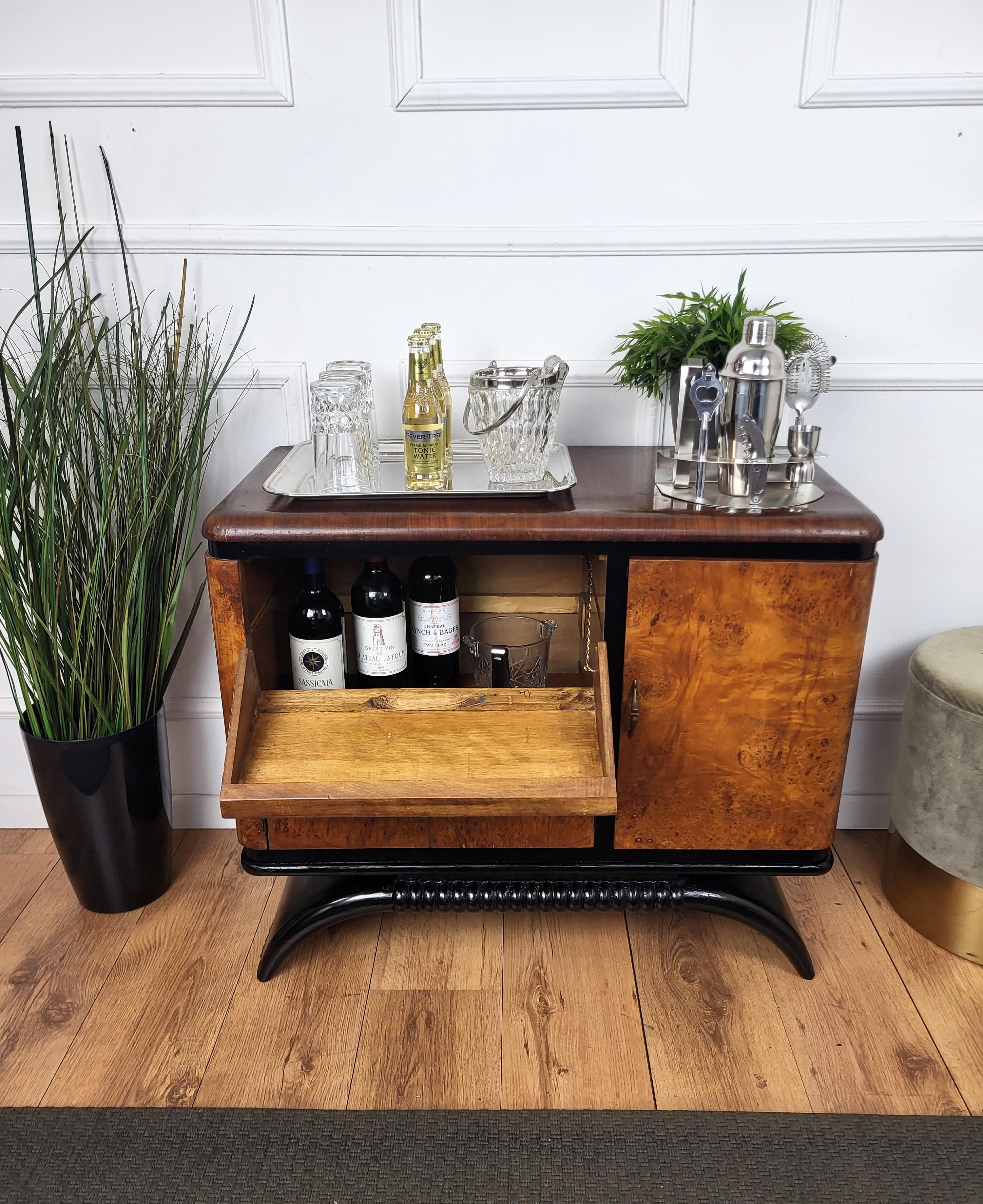 20th Century 1940s Art Deco Midcentury Italian Walnut Burl and Mirror Mosaic Dry Bar Cabinet