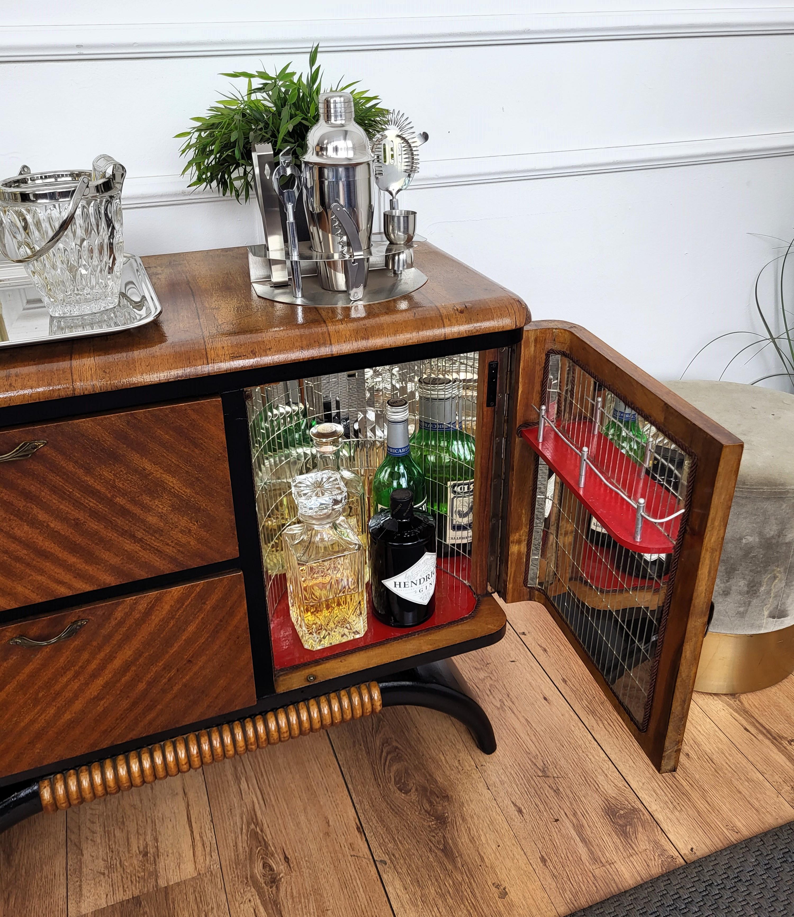 20th Century 1940s Art Deco Midcentury Italian Walnut Burl and Mirror Mosaic Dry Bar Cabinet