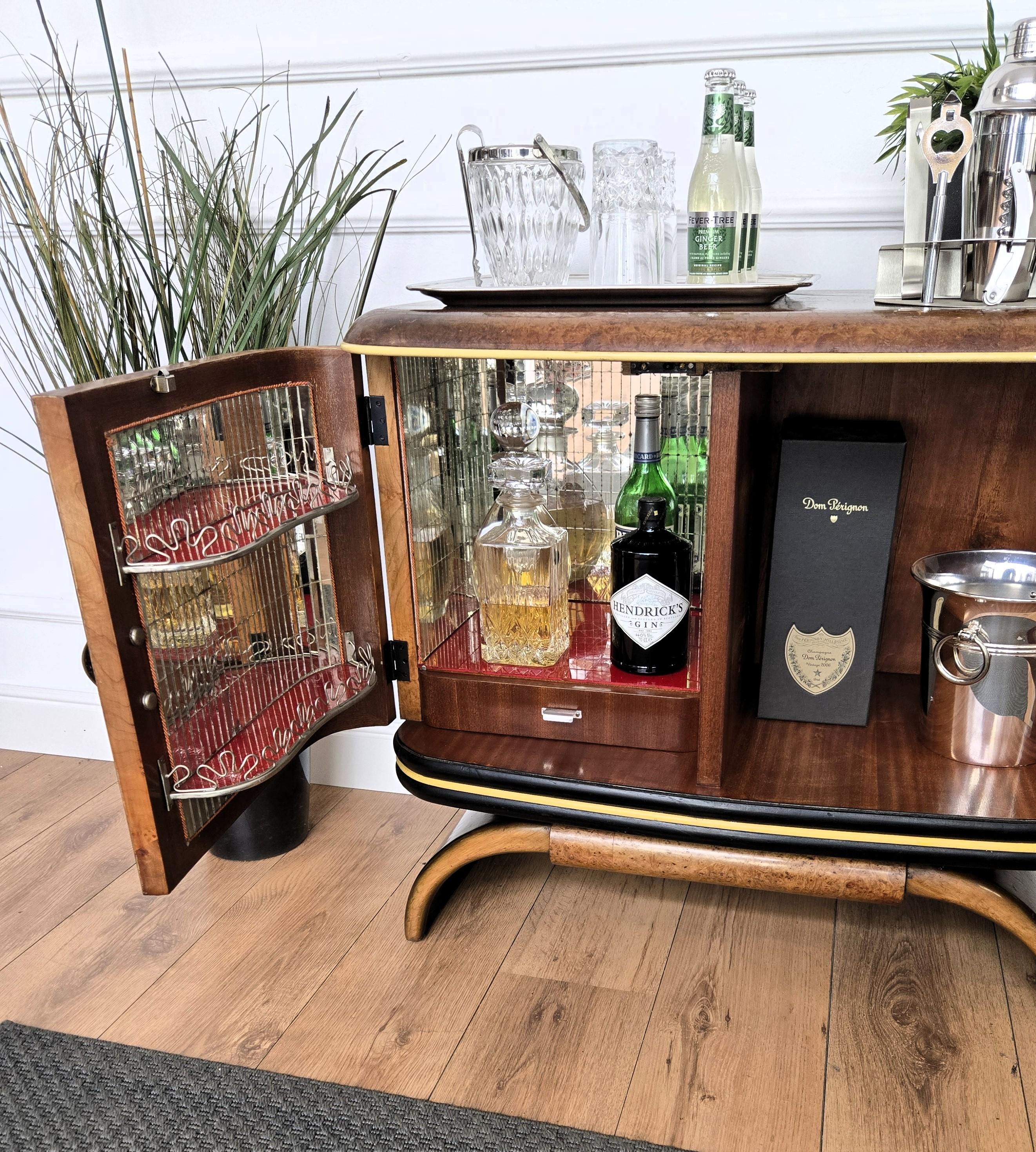 20th Century 1940s Art Deco Midcentury Italian Walnut Burl and Mirror Mosaic Dry Bar Cabinet For Sale
