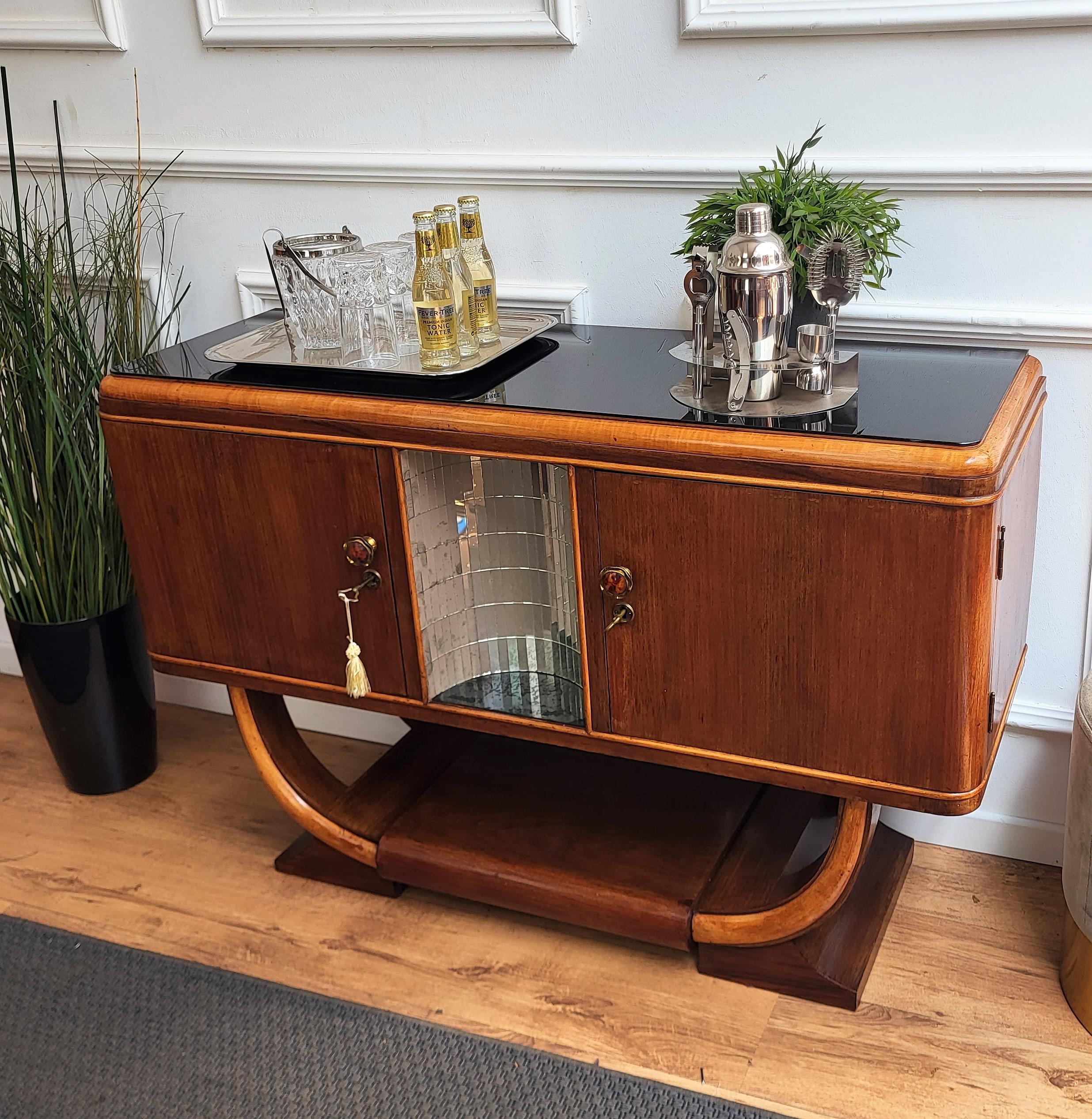 Brass 1940s Art Deco Midcentury Italian Walnut Burl and Mirror Mosaic Dry Bar Cabinet