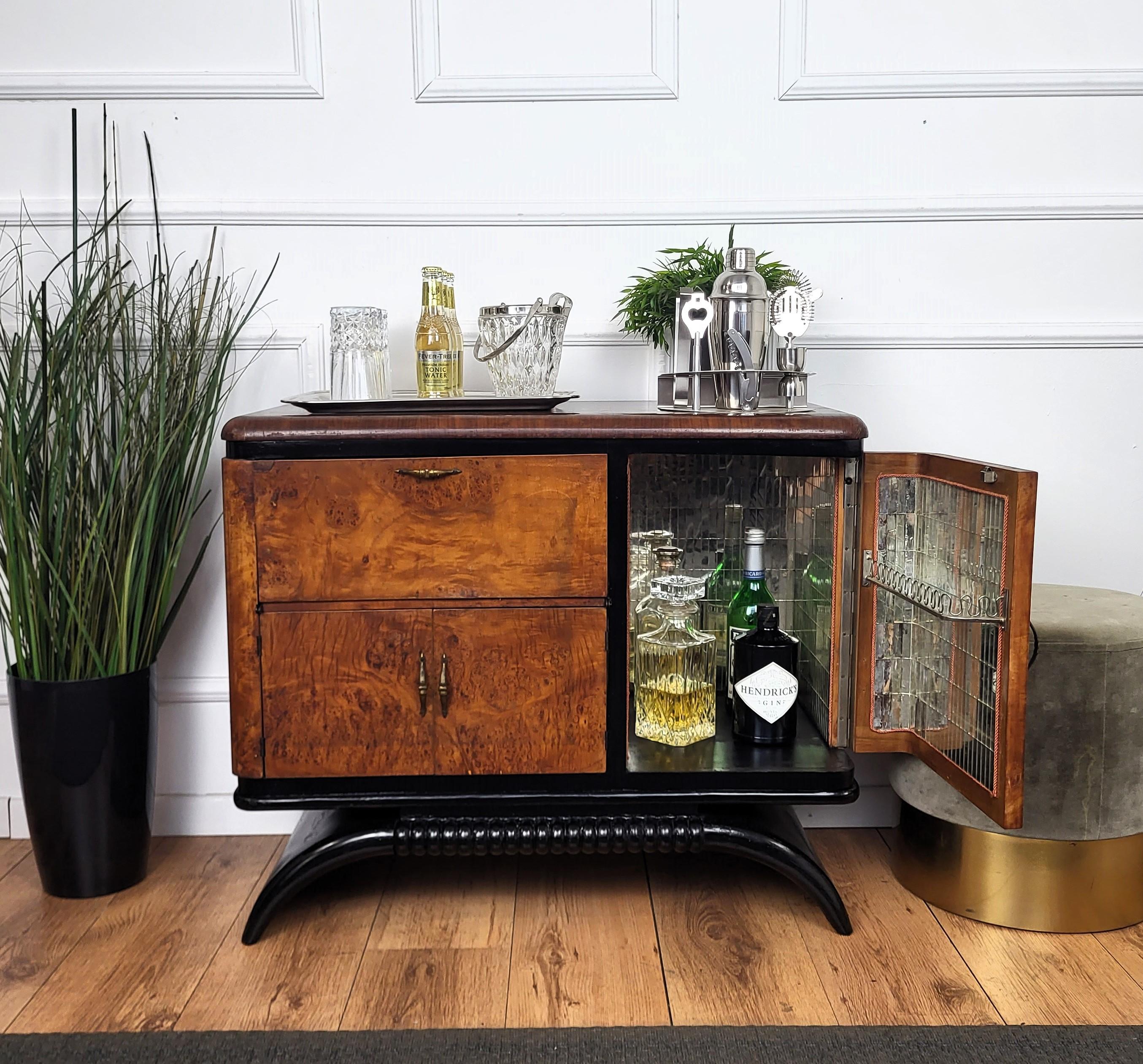 Brass 1940s Art Deco Midcentury Italian Walnut Burl and Mirror Mosaic Dry Bar Cabinet