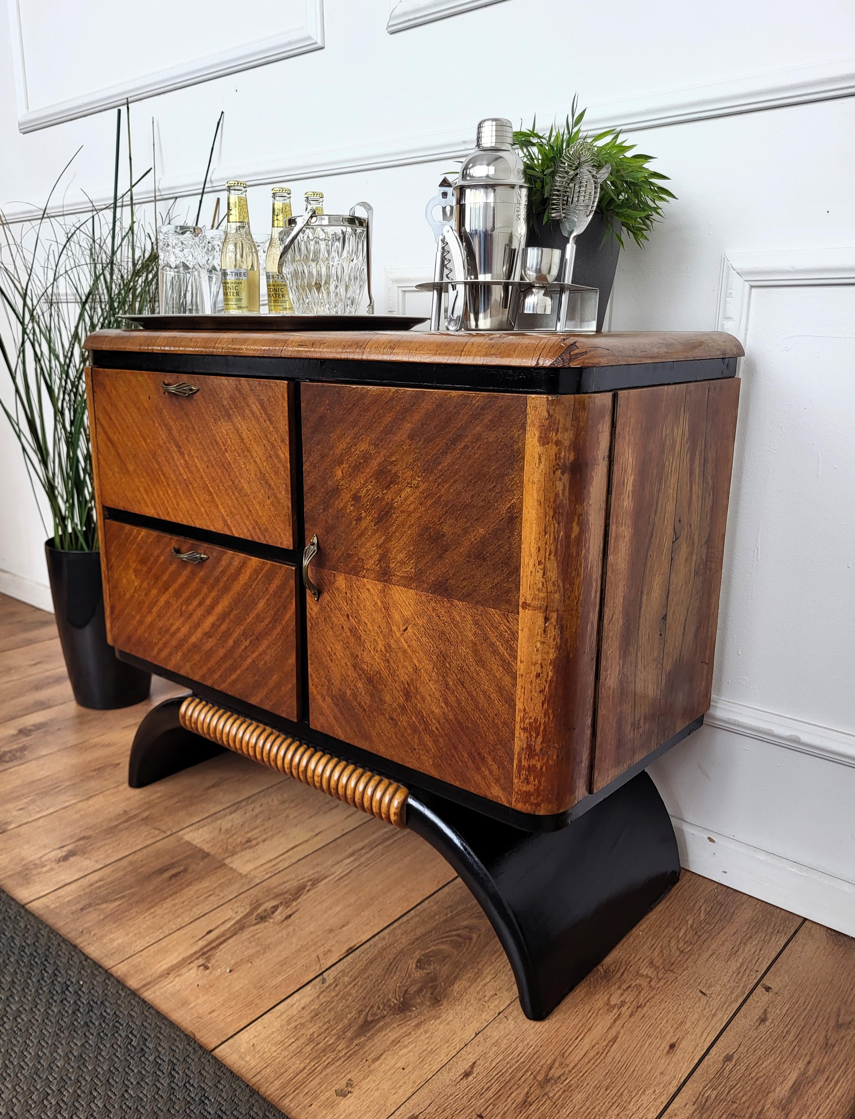 Brass 1940s Art Deco Midcentury Italian Walnut Burl and Mirror Mosaic Dry Bar Cabinet