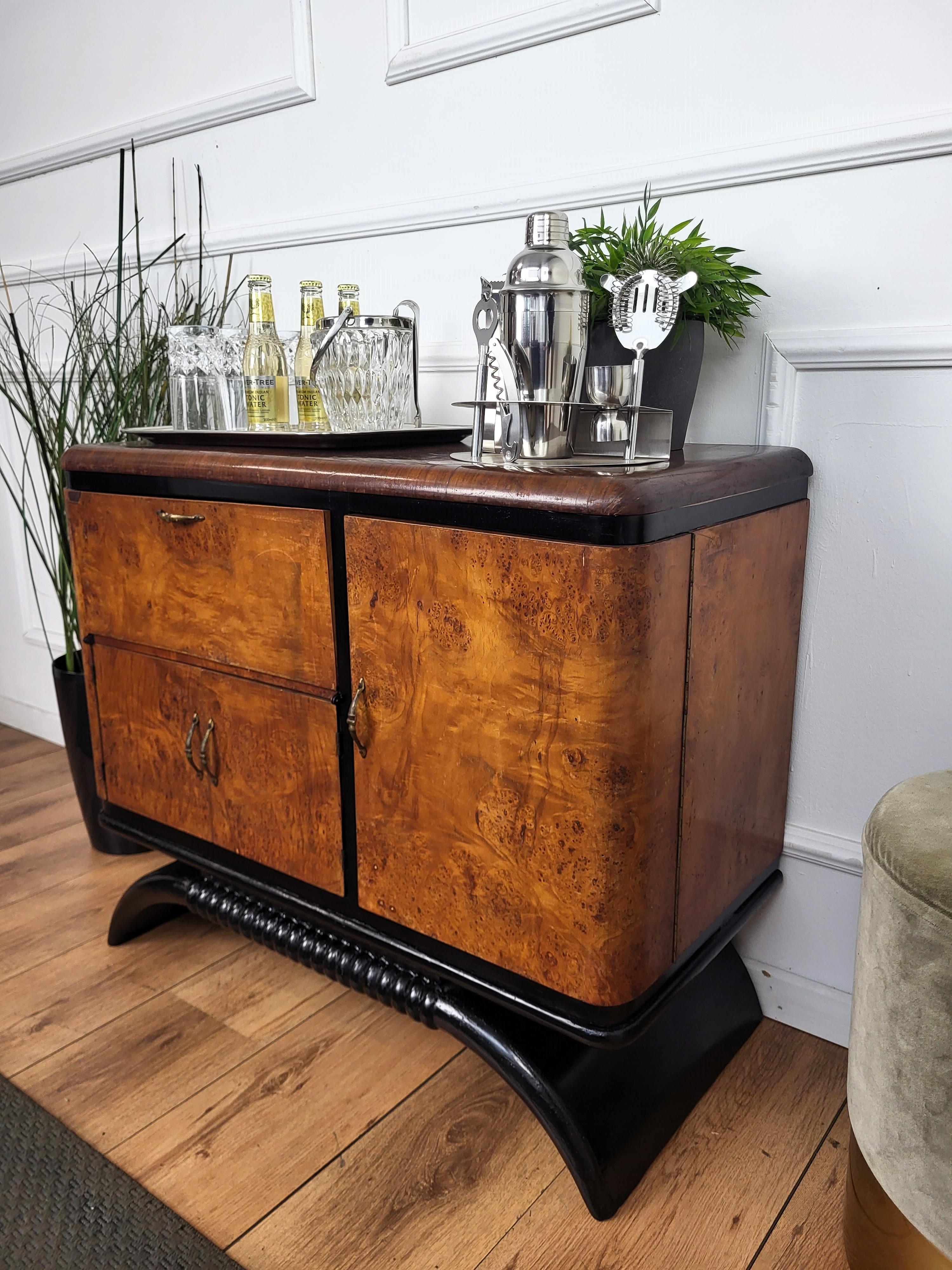 1940s Art Deco Midcentury Italian Walnut Burl and Mirror Mosaic Dry Bar Cabinet 1