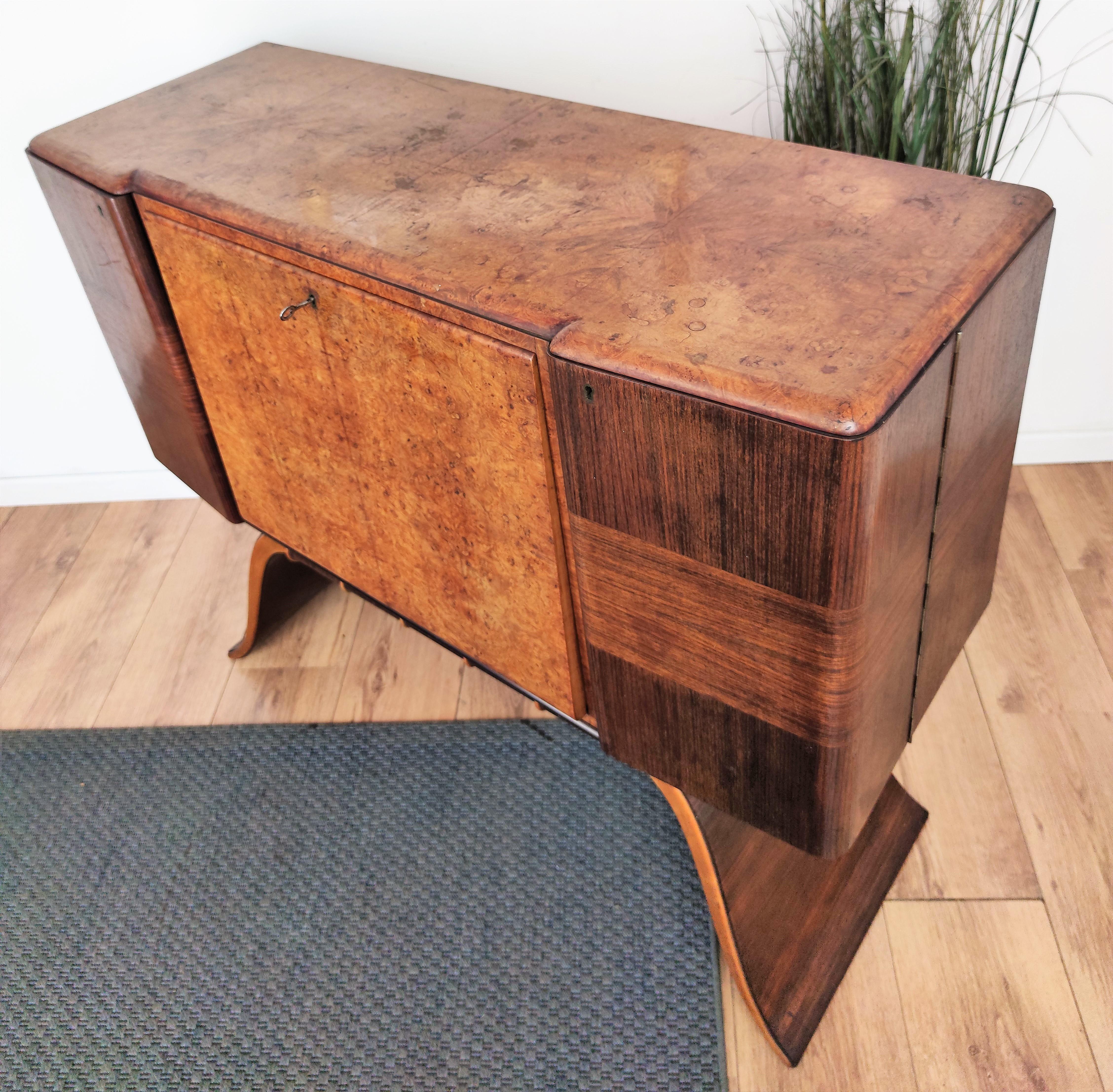 1940s Art Deco Midcentury Italian Walnut Burl and Mirror Mosaic Dry Bar Cabinet 3