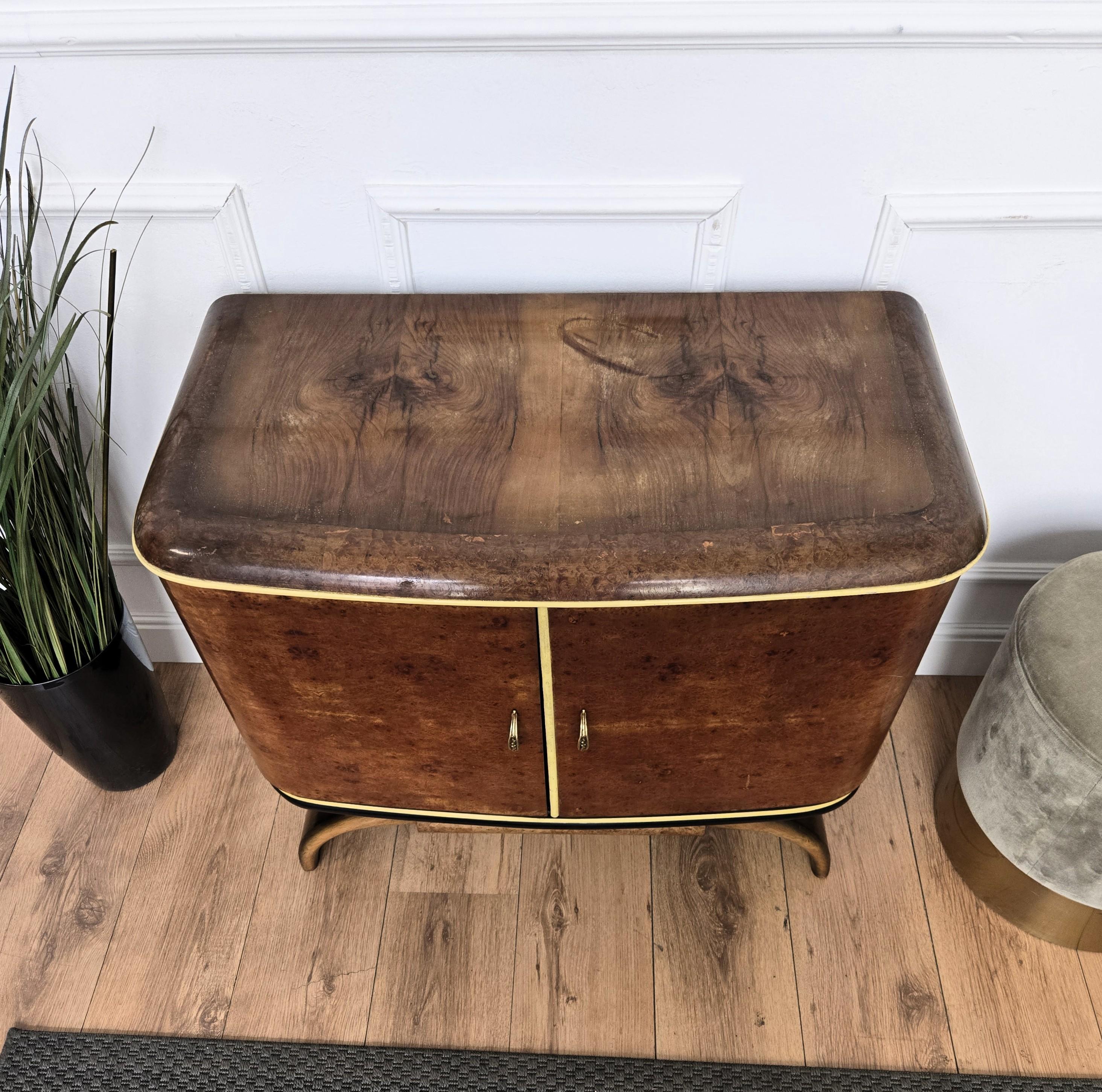 1940s Art Deco Midcentury Italian Walnut Burl and Mirror Mosaic Dry Bar Cabinet For Sale 4