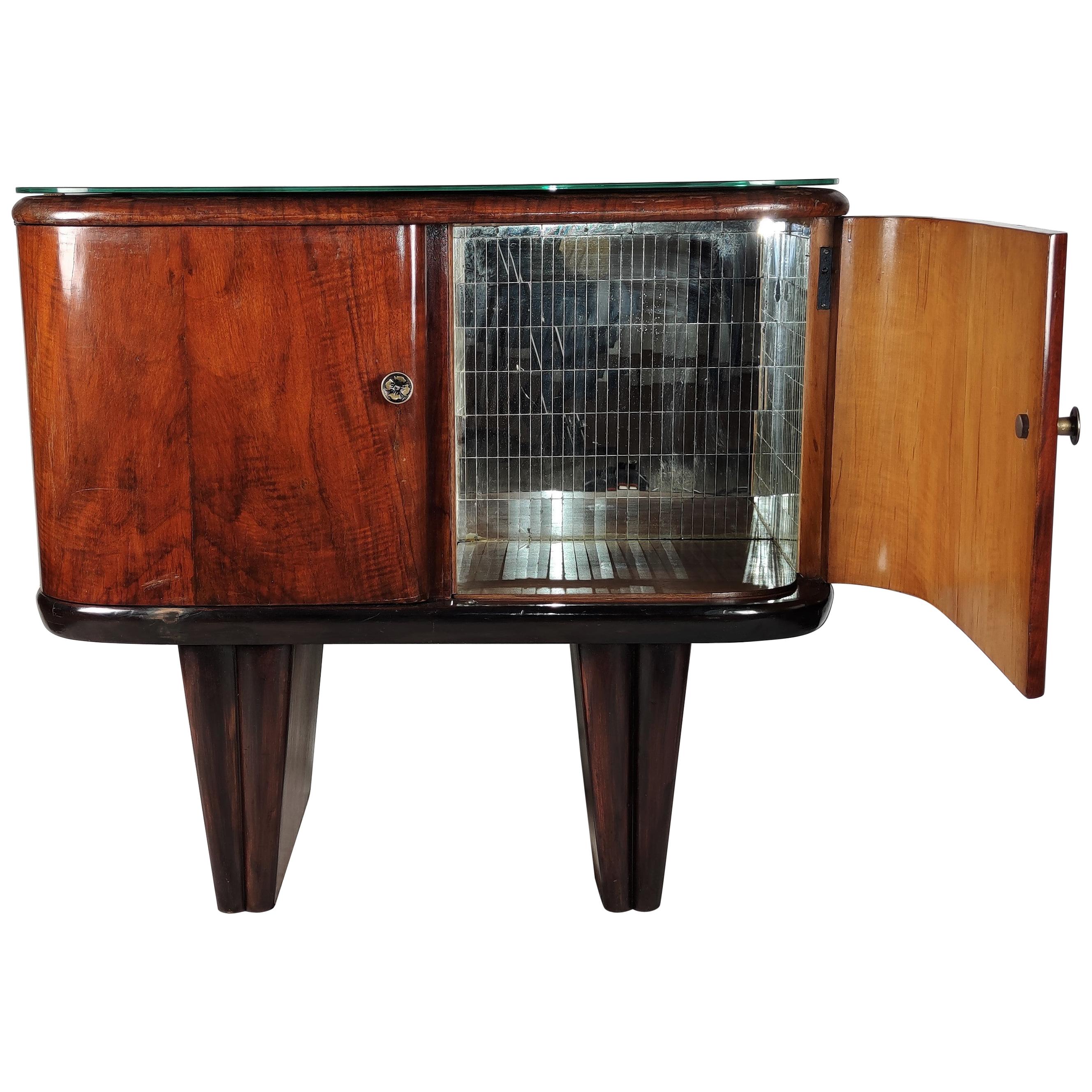 1940s Art Deco Midcentury Italian Walnut Burl and Mirror Mosaic Dry Bar Cabinet