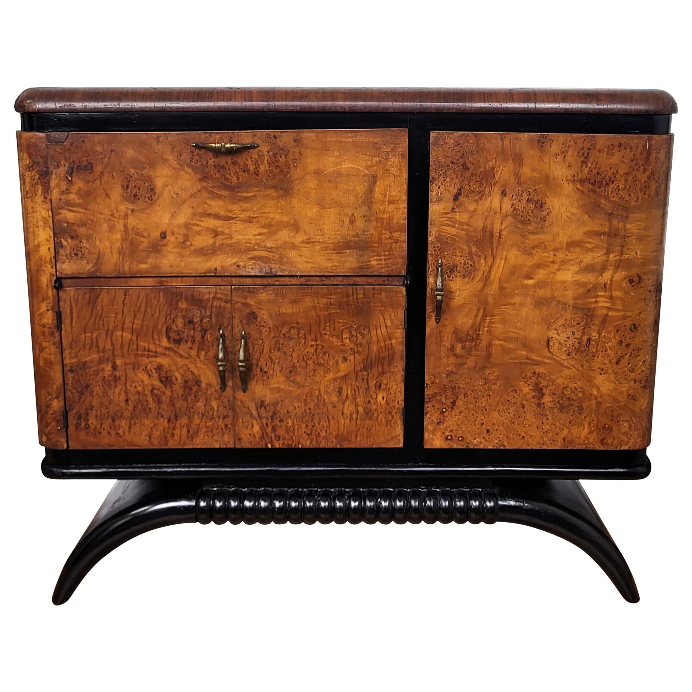 1940s Art Deco Midcentury Italian Walnut Burl and Mirror Mosaic Dry Bar Cabinet