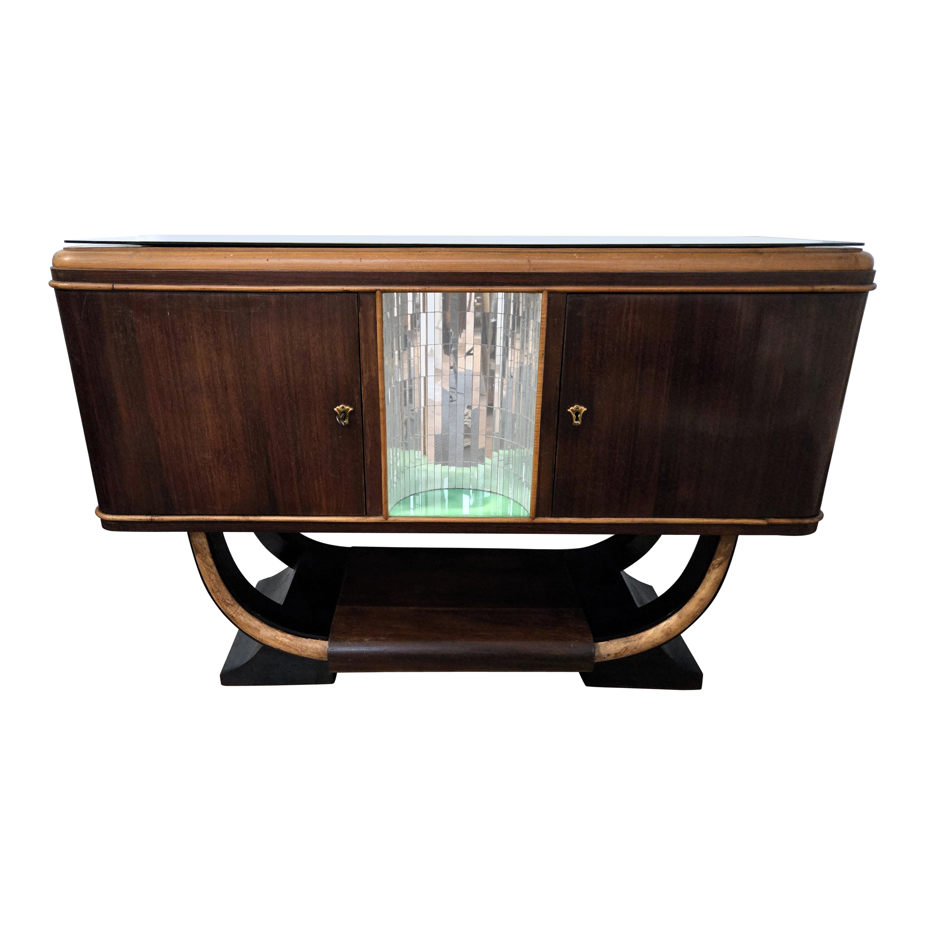 1940s Art Deco Midcentury Italian Walnut Burl and Mirror Mosaic Dry Bar Cabinet For Sale
