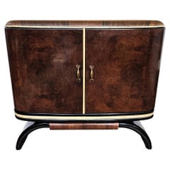 1940s Art Deco Mirror Italian Midcentury Walnut Burl and Mirror Mosaic Dry Bar Cabinet