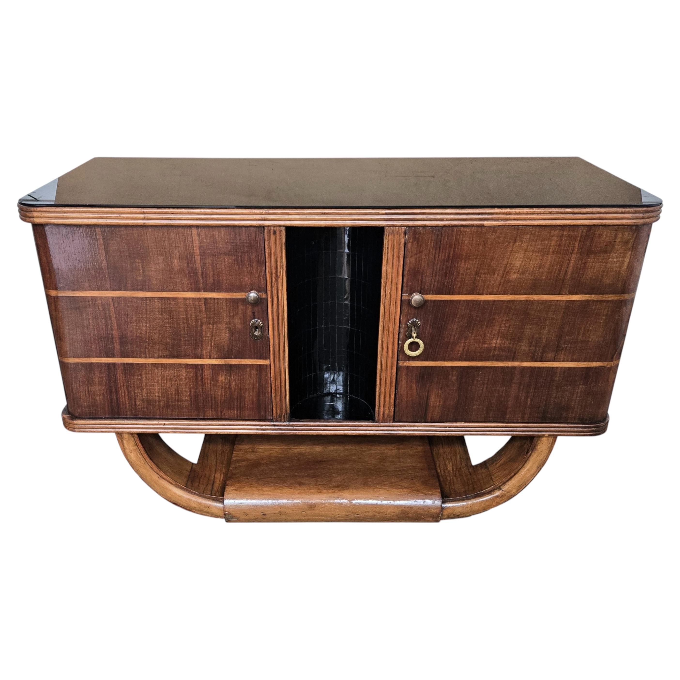 1940s Art Deco Midcentury Italian Walnut Burl and Mirror Mosaic Dry Bar Cabinet