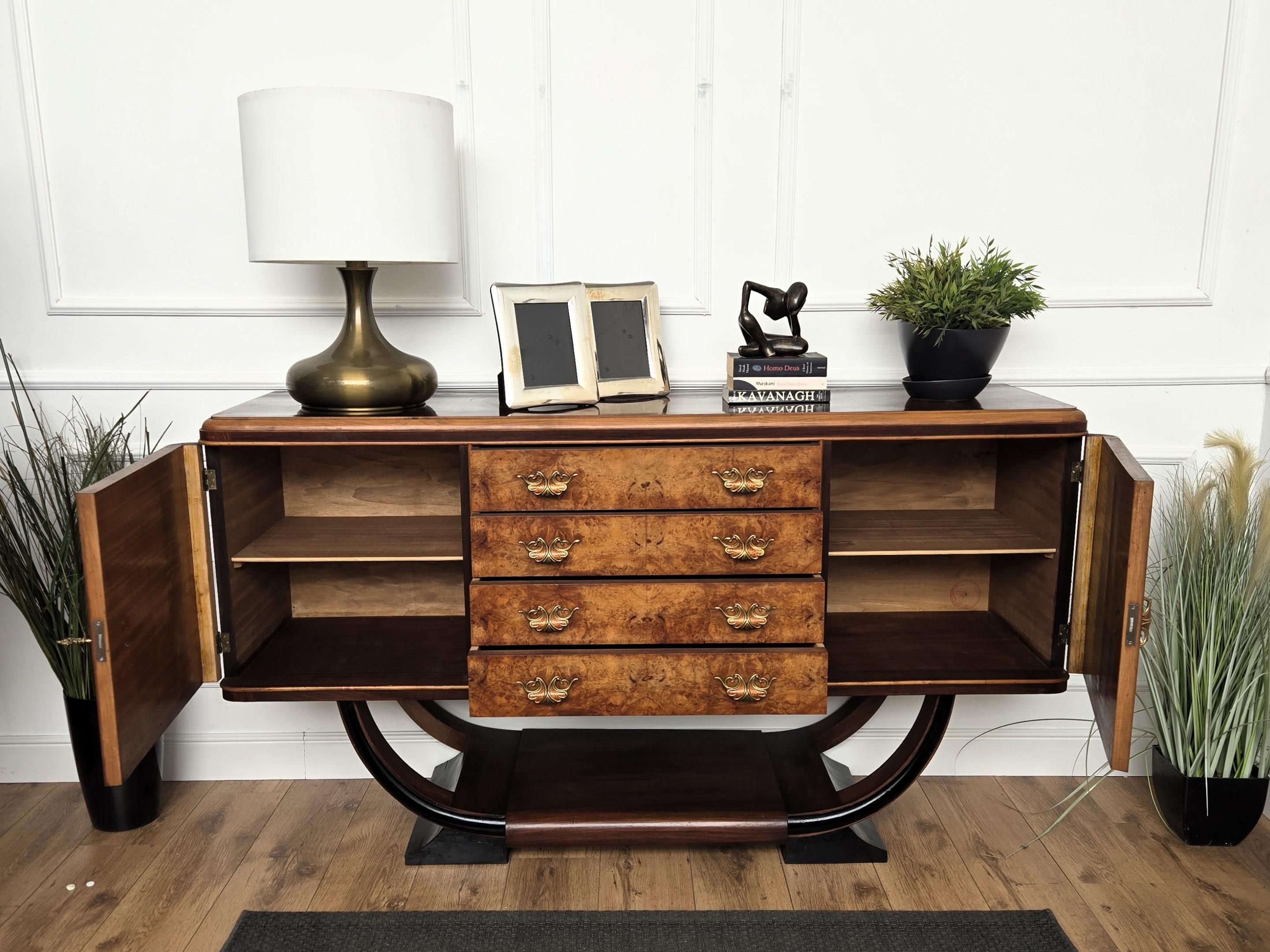 20th Century 1940s Art Deco Midcentury Italian Walnut Burl Credenza Cabinet Sideboard For Sale