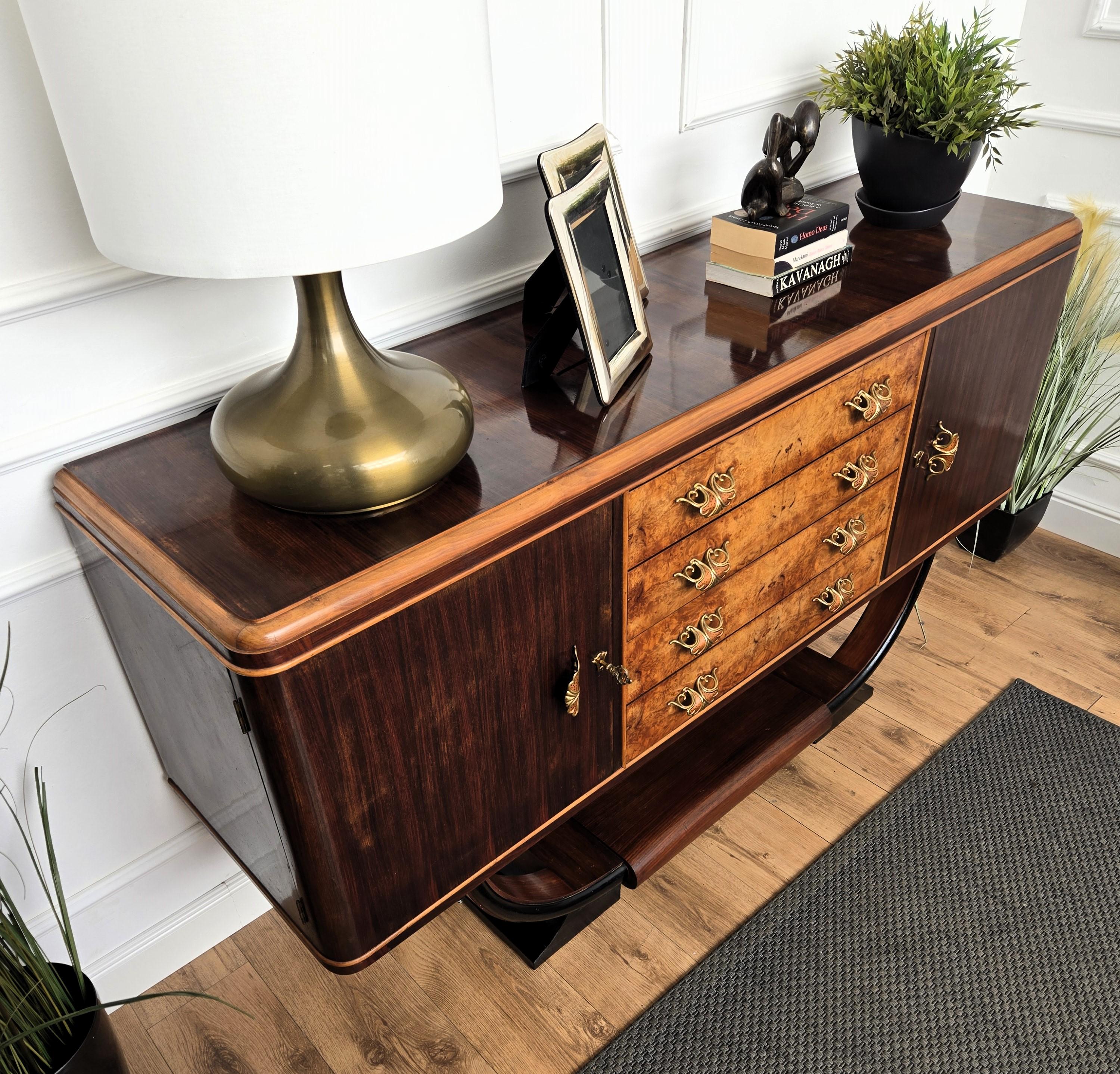 1940s Art Deco Midcentury Italian Walnut Burl Credenza Cabinet Sideboard For Sale 1