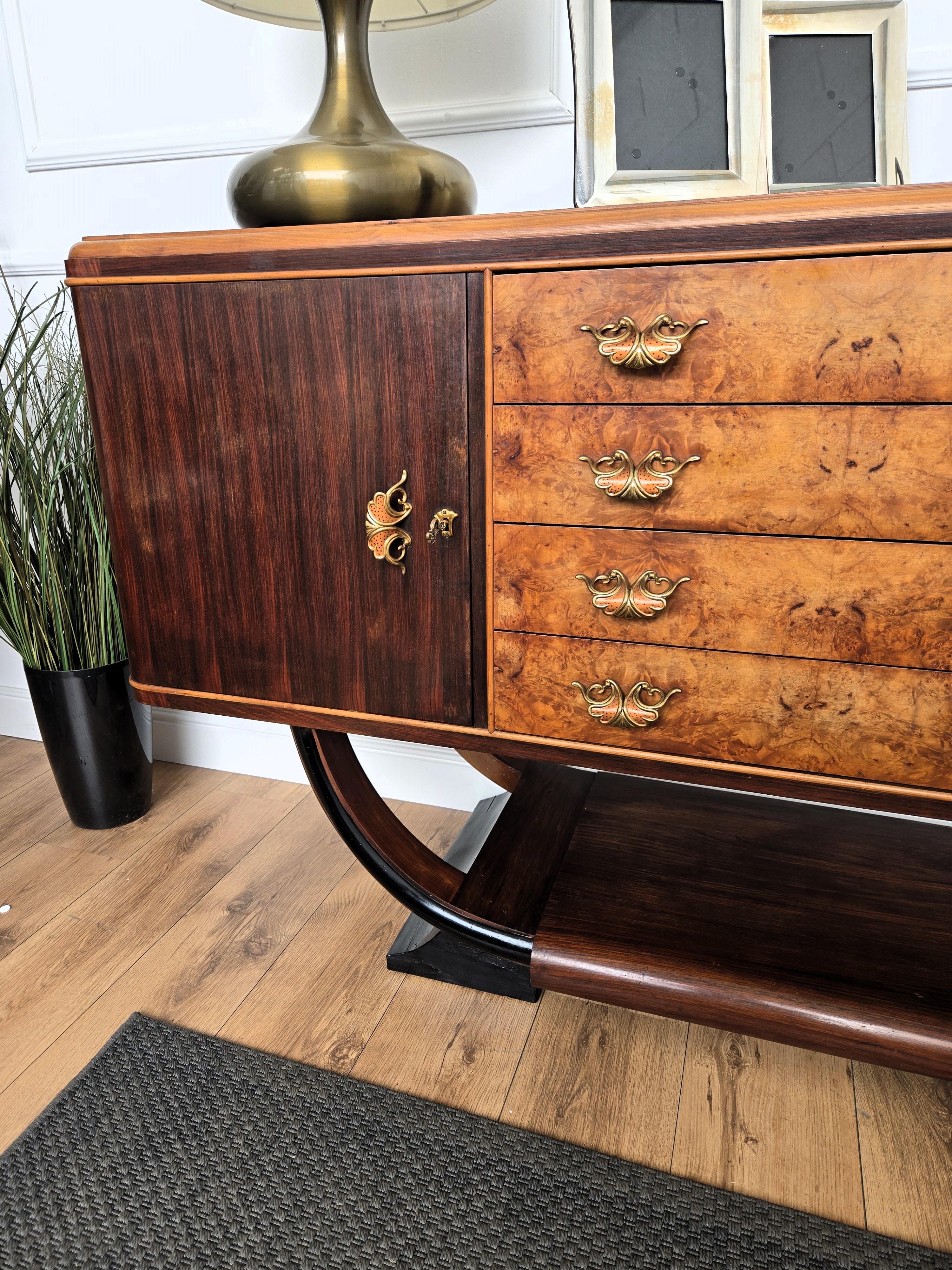 1940s Art Deco Midcentury Italian Walnut Burl Credenza Cabinet Sideboard For Sale 2