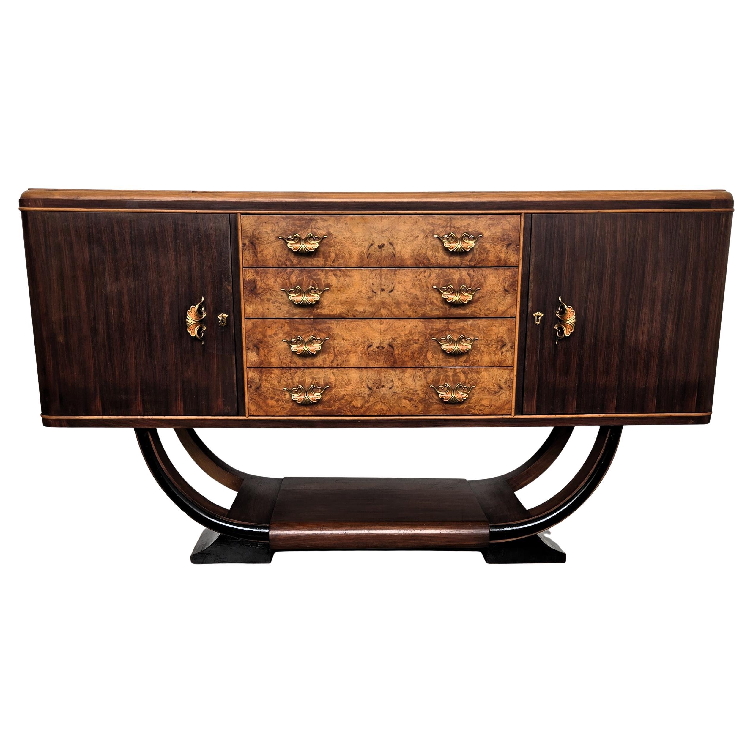 1940s Art Deco Midcentury Italian Walnut Burl Credenza Cabinet Sideboard