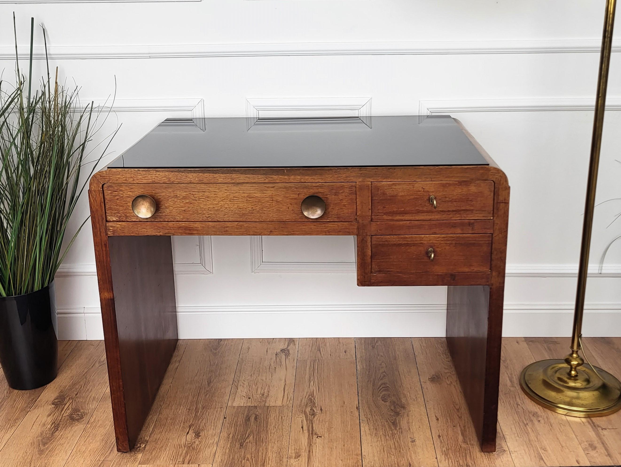 1940s Art Deco Midcentury Italian Walnut Burl Glass Waterfall Writing Desk Table 5