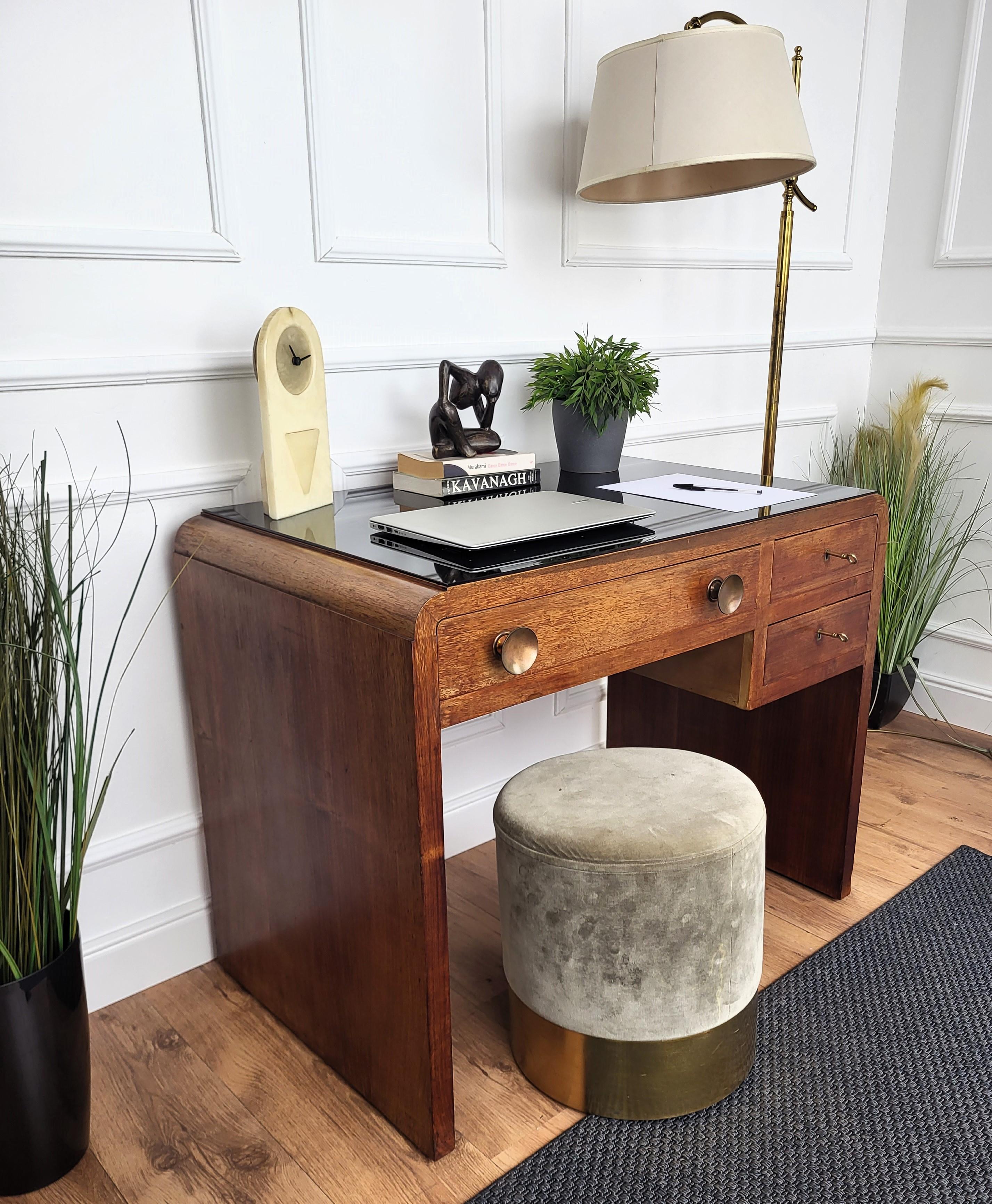 1940s Art Deco Midcentury Italian Walnut Burl Glass Waterfall Writing Desk Table In Good Condition In Carimate, Como