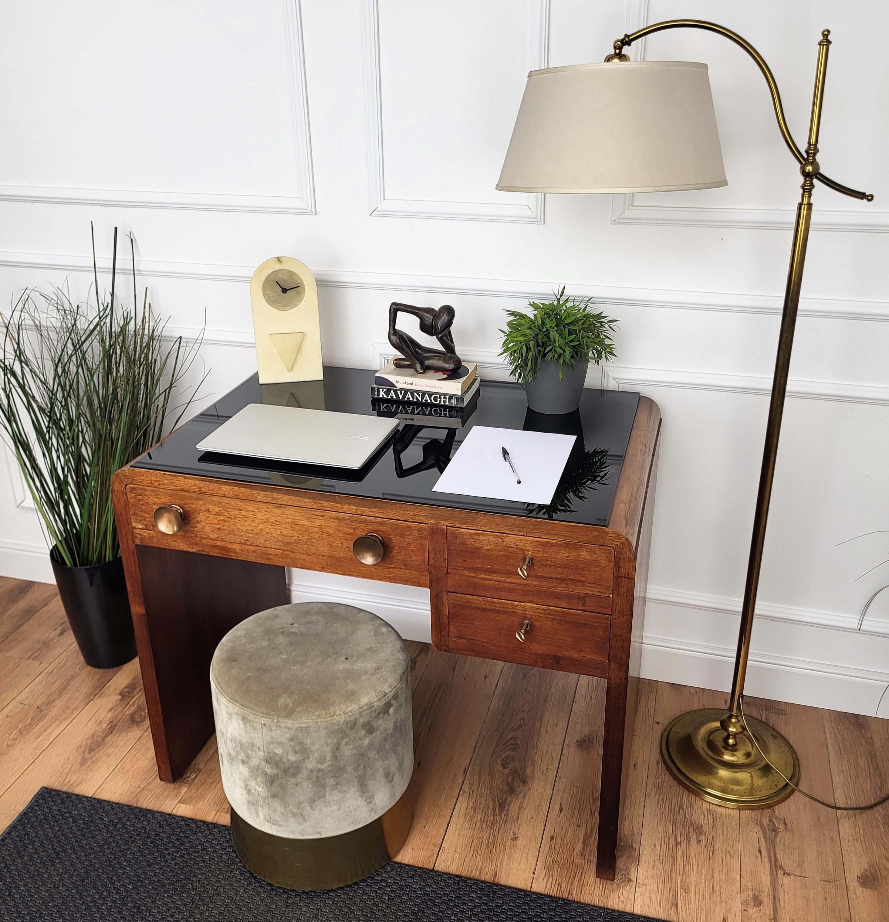 20th Century 1940s Art Deco Midcentury Italian Walnut Burl Glass Waterfall Writing Desk Table
