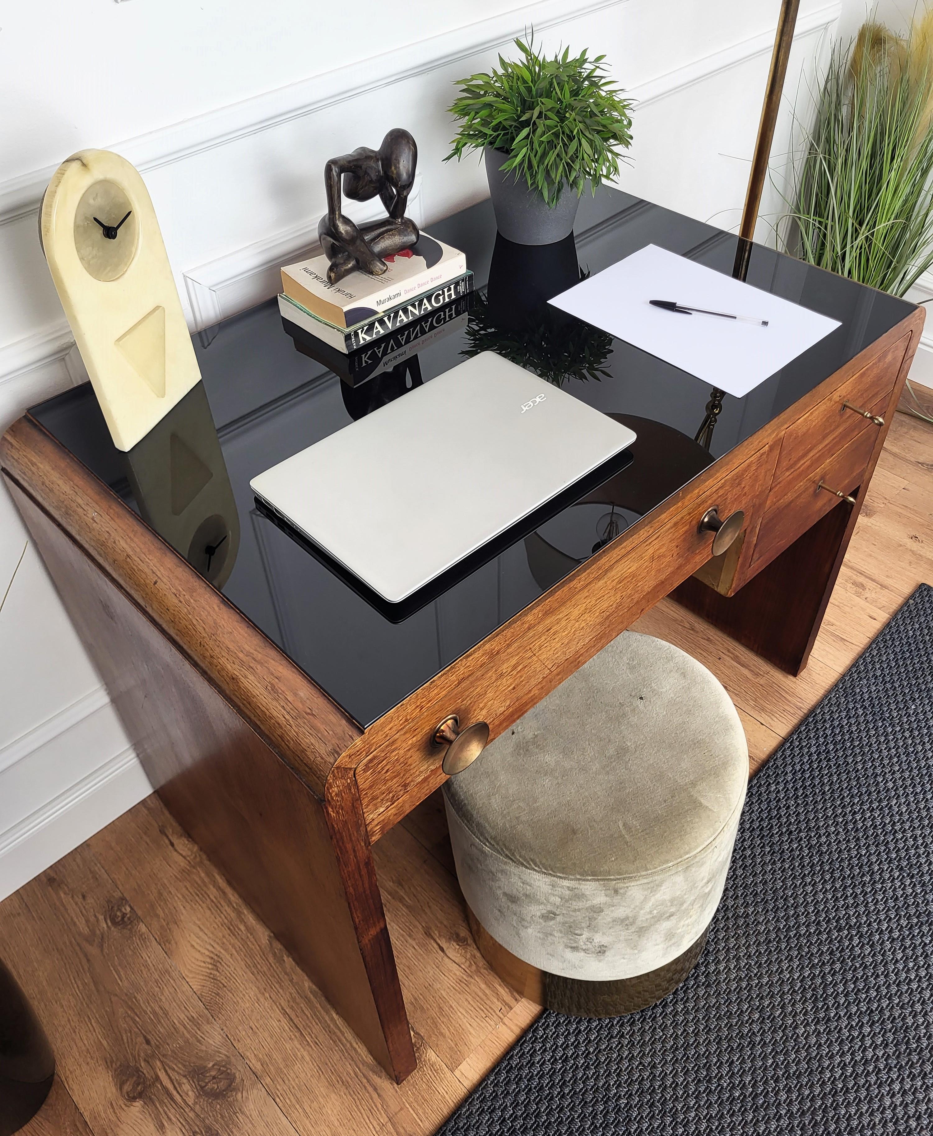 Wood 1940s Art Deco Midcentury Italian Walnut Burl Glass Waterfall Writing Desk Table