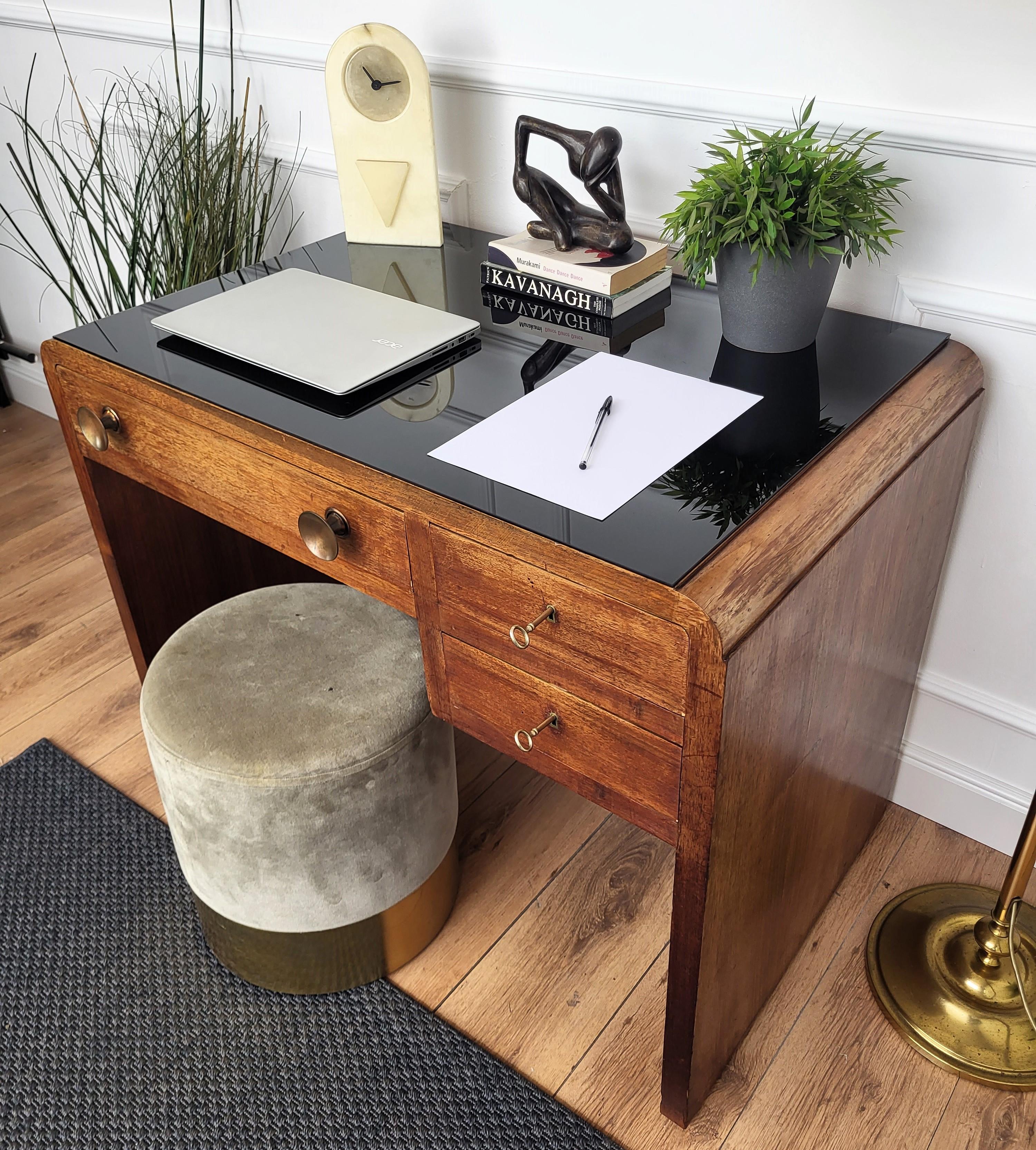 1940s Art Deco Midcentury Italian Walnut Burl Glass Waterfall Writing Desk Table 1