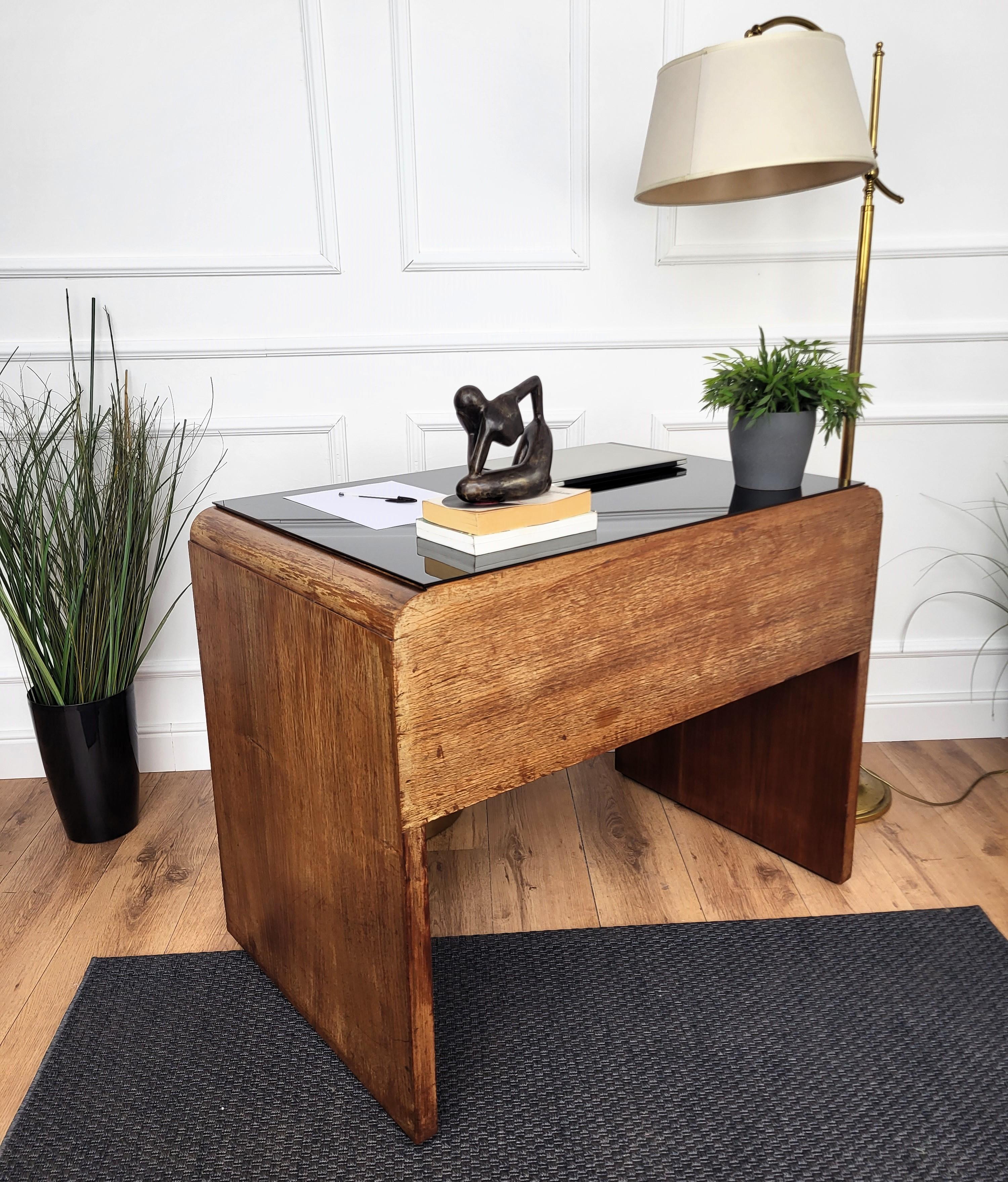 1940s Art Deco Midcentury Italian Walnut Burl Glass Waterfall Writing Desk Table 2