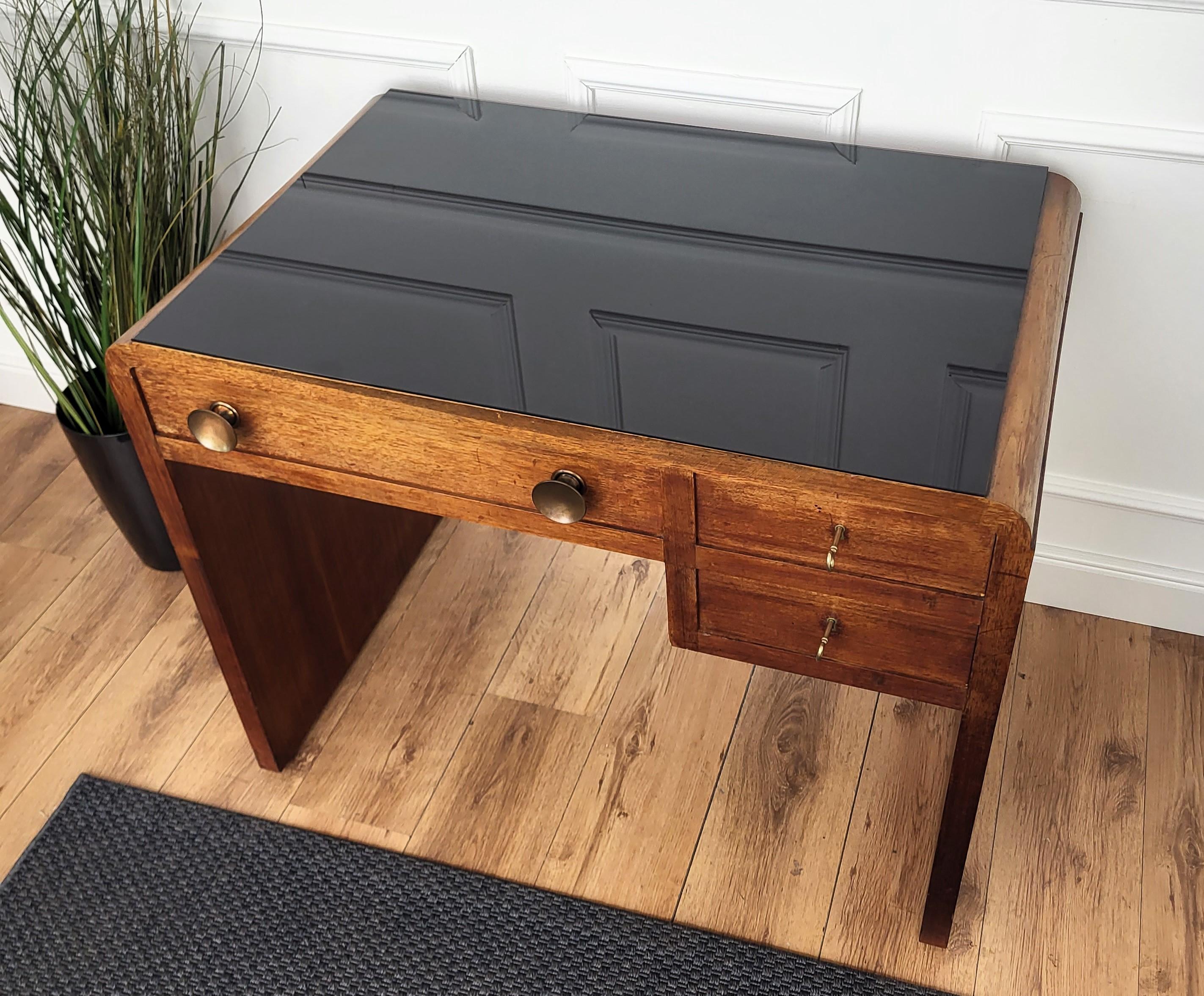 1940s Art Deco Midcentury Italian Walnut Burl Glass Waterfall Writing Desk Table 3