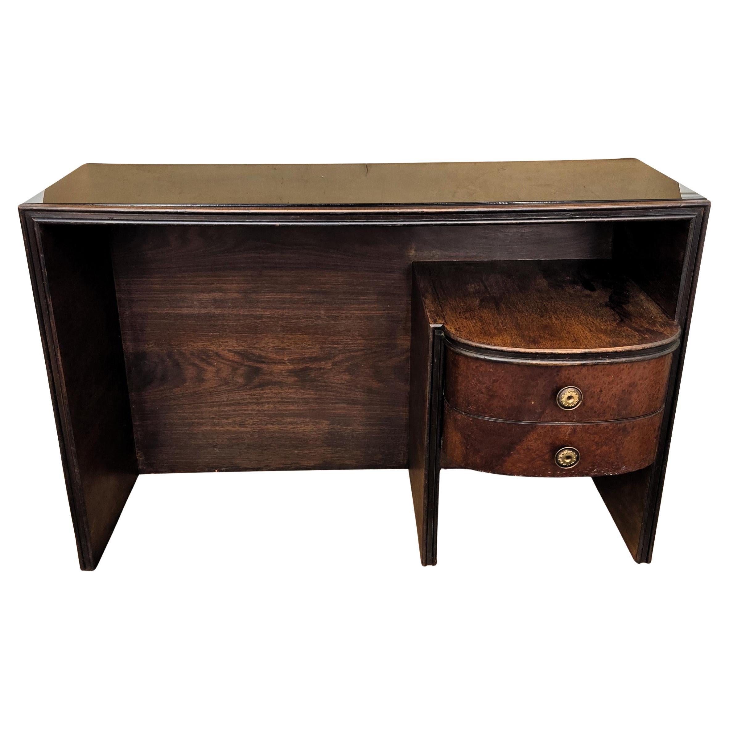 1940s Art Deco Siglo Medio Italiano Nogal Burl Vidrio Escritorio Mesa Consola