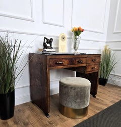 1940s Art Deco Midcentury Italian Walnut Burl Wood Glass Top Writing Desk Table