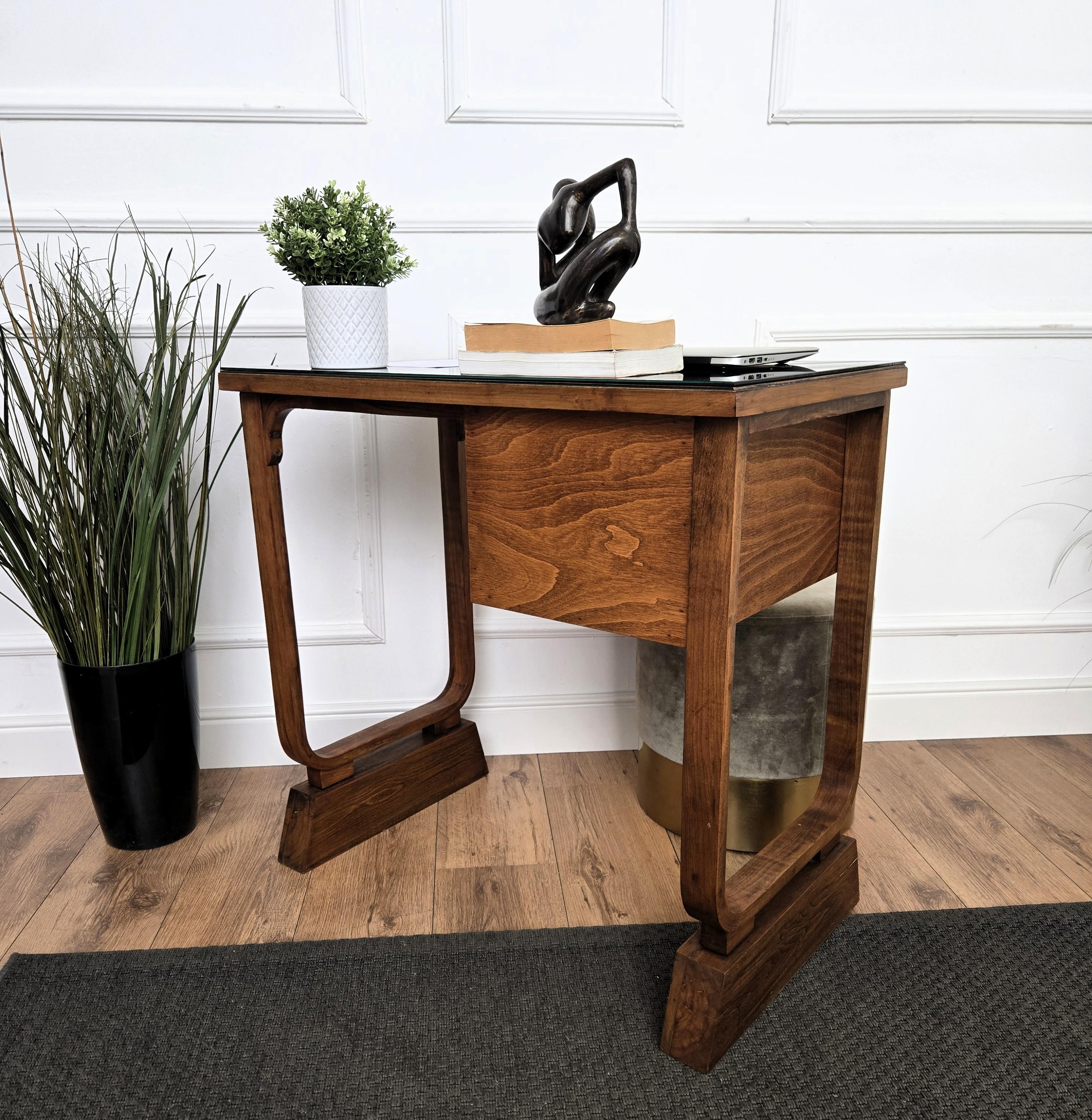 Verre 1940s Art Deco Midcentury Italian Walnut Burl Wood Glass Top Writing Desk Table en vente
