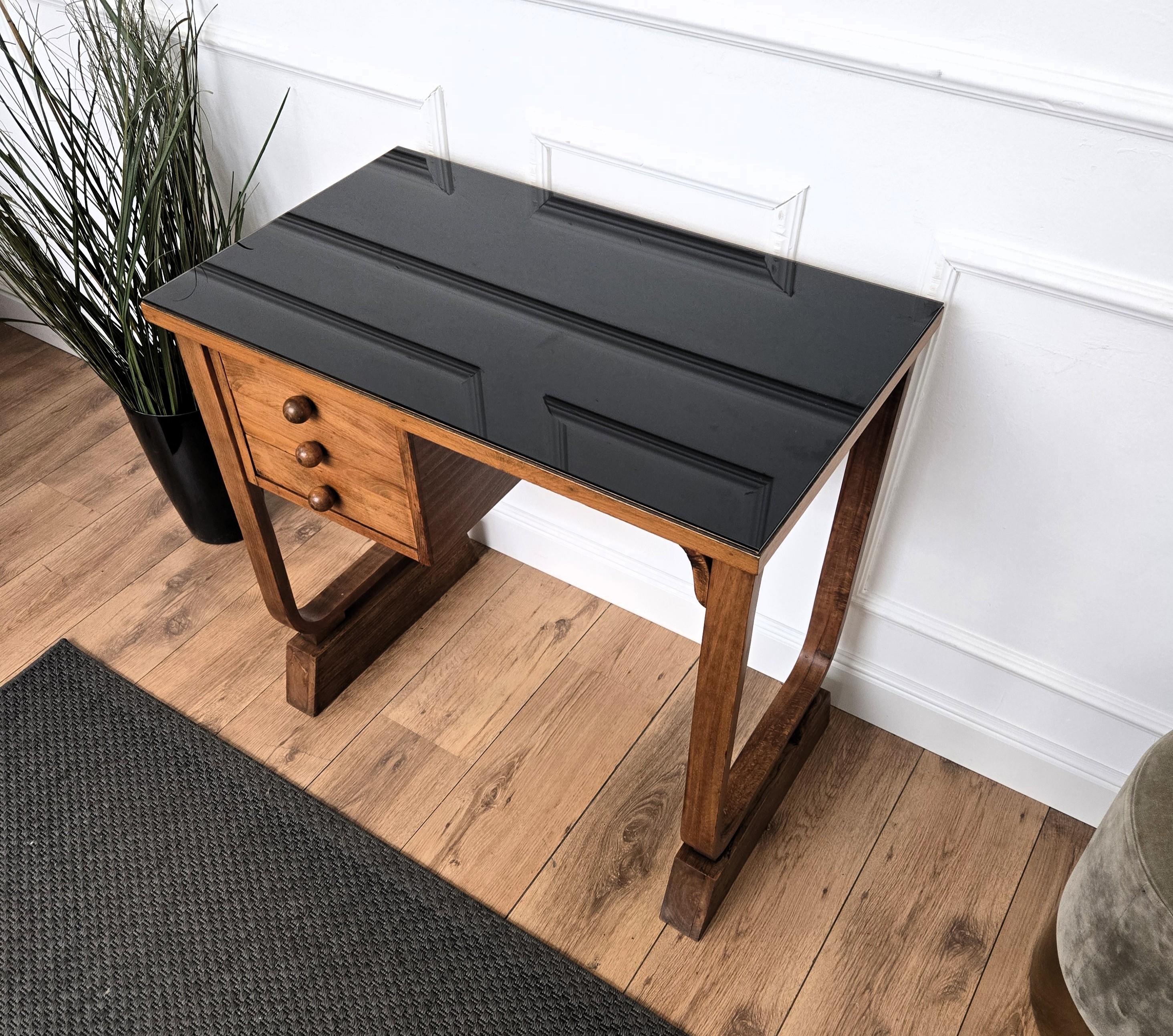 1940s Art Deco Midcentury Italian Walnut Burl Wood Glass Top Writing Desk Table en vente 2