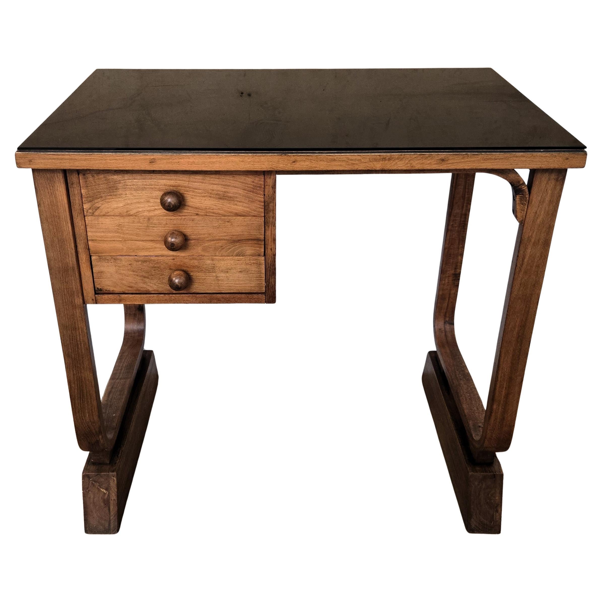 1940s Art Deco Midcentury Italian Walnut Burl Wood Glass Top Writing Desk Table en vente