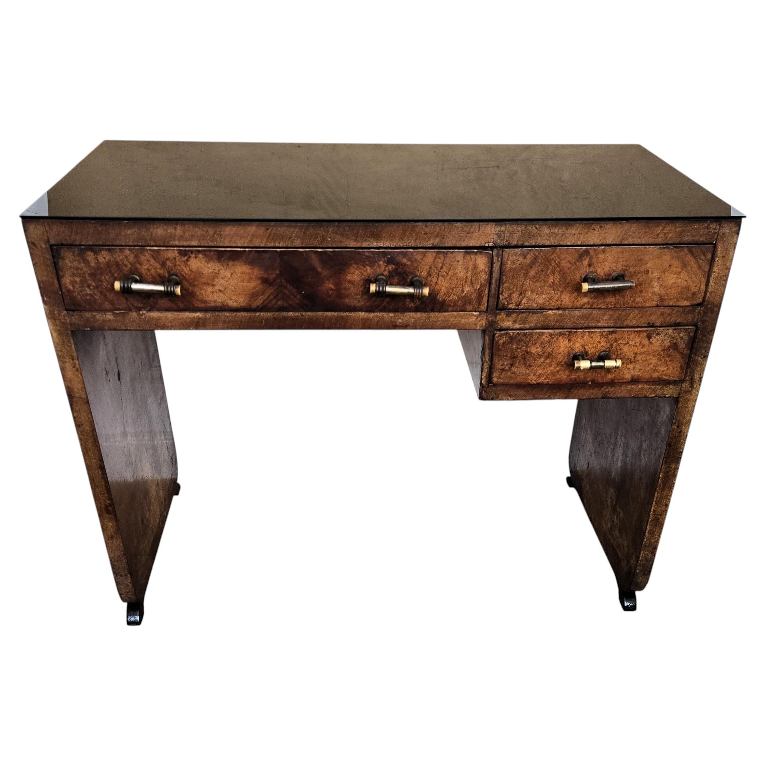 1940s Art Deco Midcentury Italian Walnut Burl Wood Glass Top Writing Desk Table