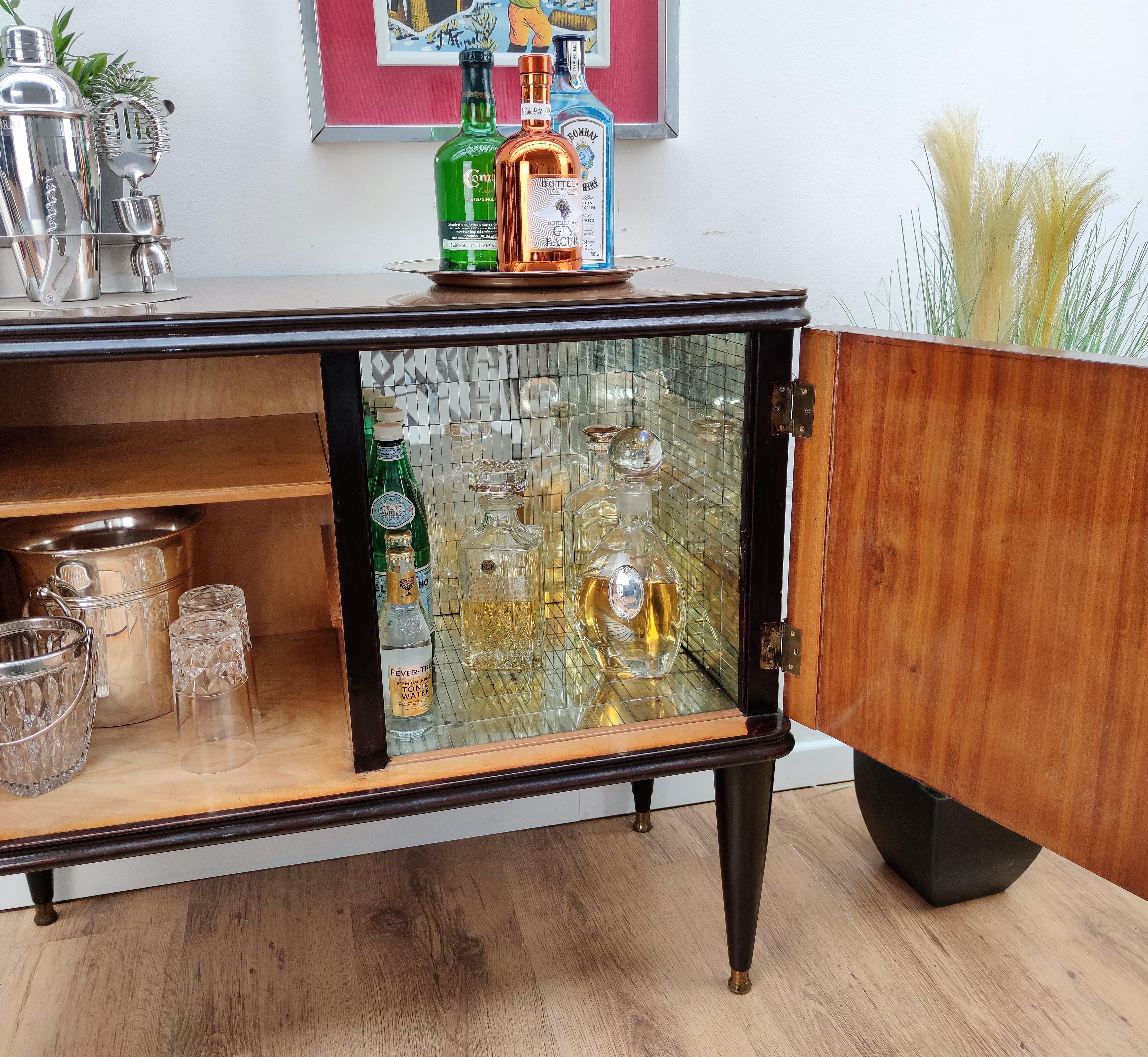 1940s Art Deco Midcentury Italian Walnut Inlay and Mirror Mosaic Dry Bar Cabinet 1
