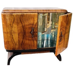 1940s Art Deco Midcentury Regency Italian Walnut Burl and Mirror Dry Bar Cabinet