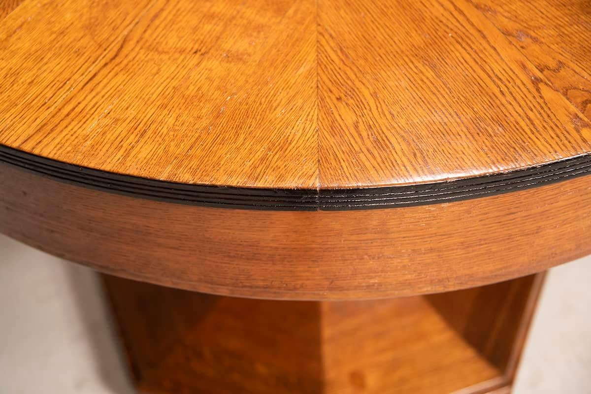 Ebonized 1940s Art Deco Oak Round Table, Black Wood Details, Octagonal Leg, Extendable For Sale