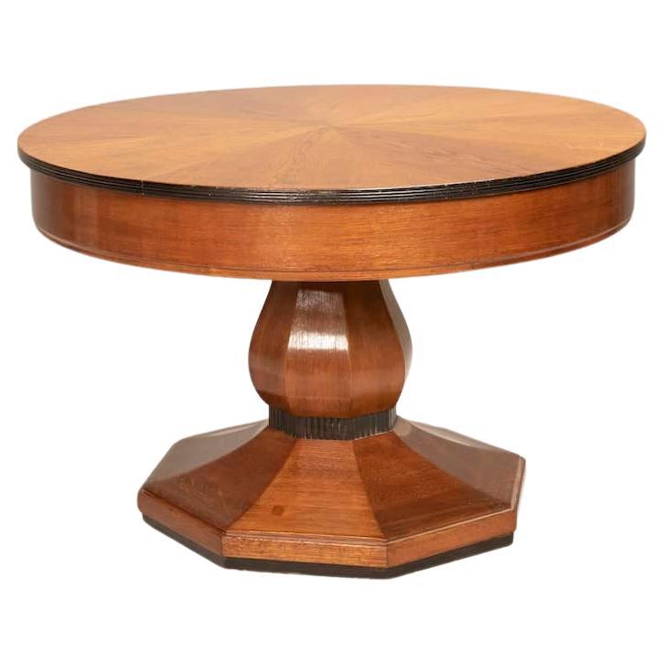 1940s Art Deco Oak Round Table, Black Wood Details, Octagonal Leg, Extendable For Sale