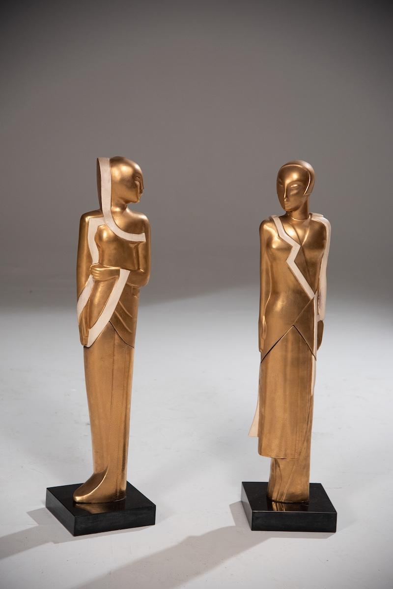 Art Déco Art Deco degli anni '40, coppia di sculture dorate molto rare