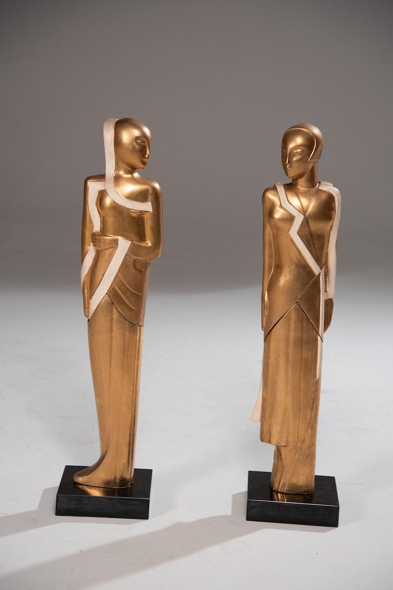 Italiano Art Deco degli anni '40, coppia di sculture dorate molto rare